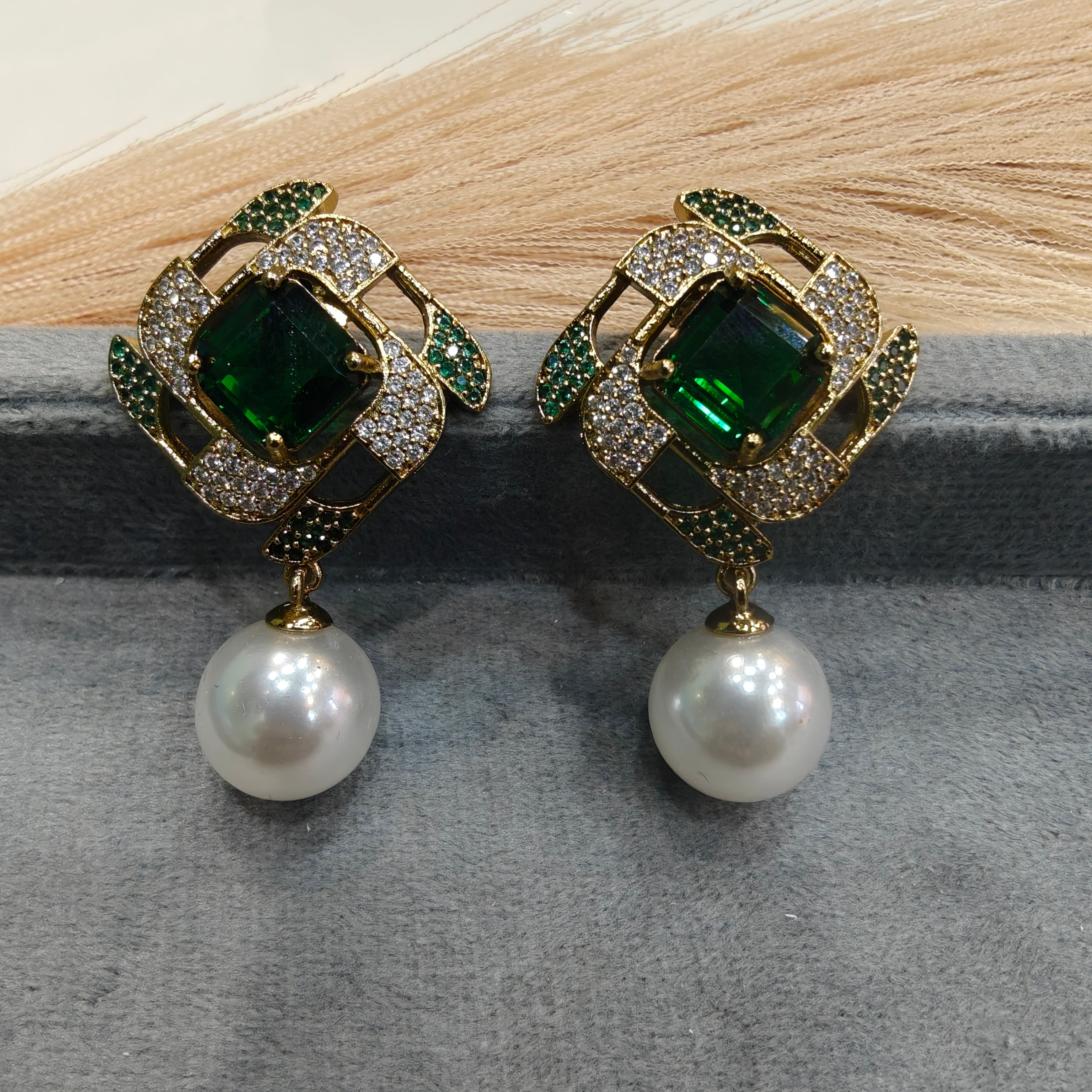 Shaanvi Sabyasachi Inspired Pearl Drop Stud Earrings- Emerald