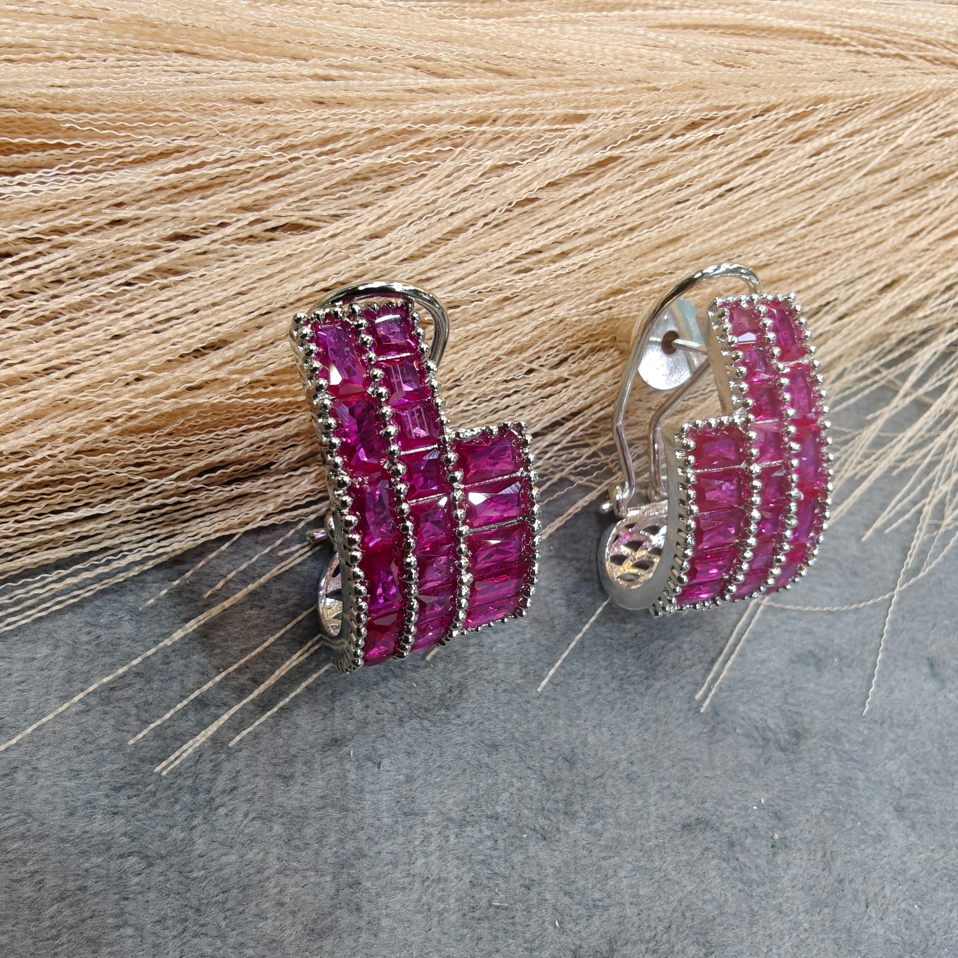 Supriya AD baguette Silver Plated Hoops - Hot Pink