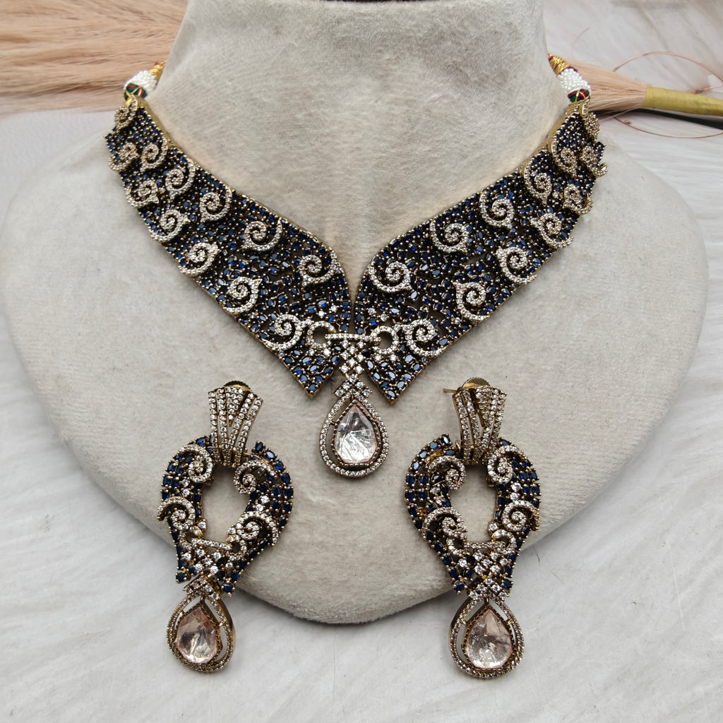 Noir Royale Moissanite CZ Victorian Necklace Set- Royal Blue