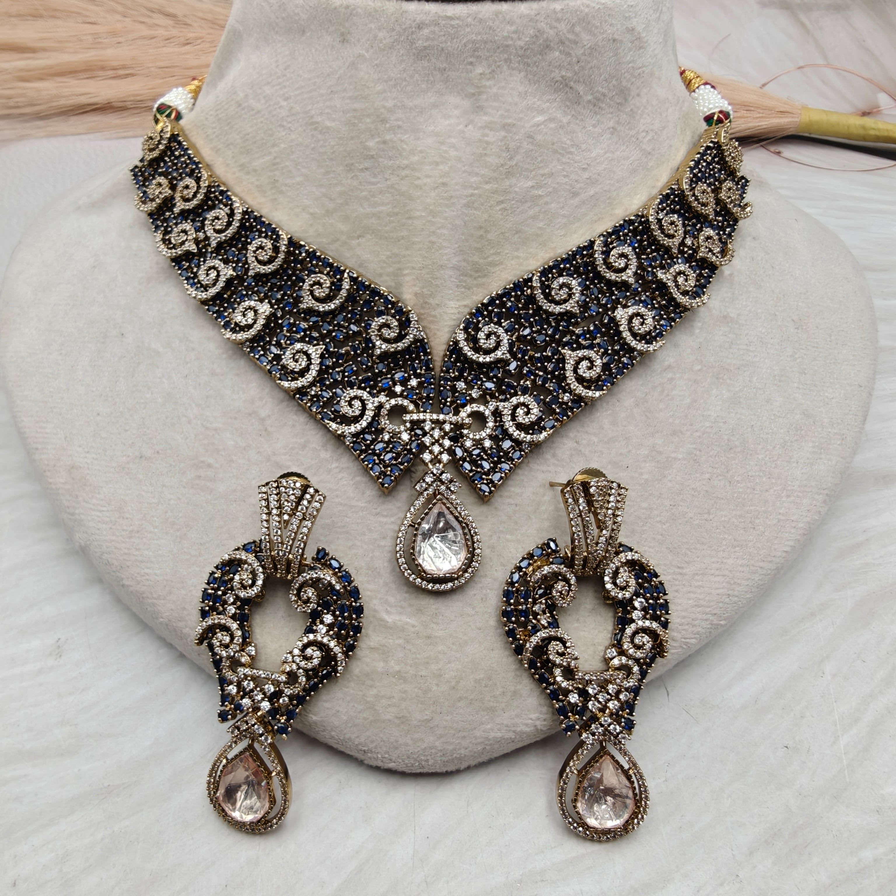 Noir Royale Moissanite CZ Victorian Necklace Set- Royal Blue