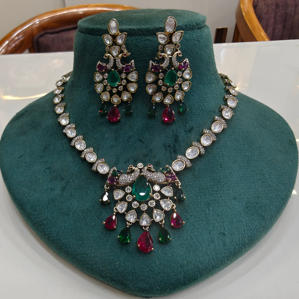 Chandrika Morni Uncut Moissanite Polki Necklace Set- Green Ruby