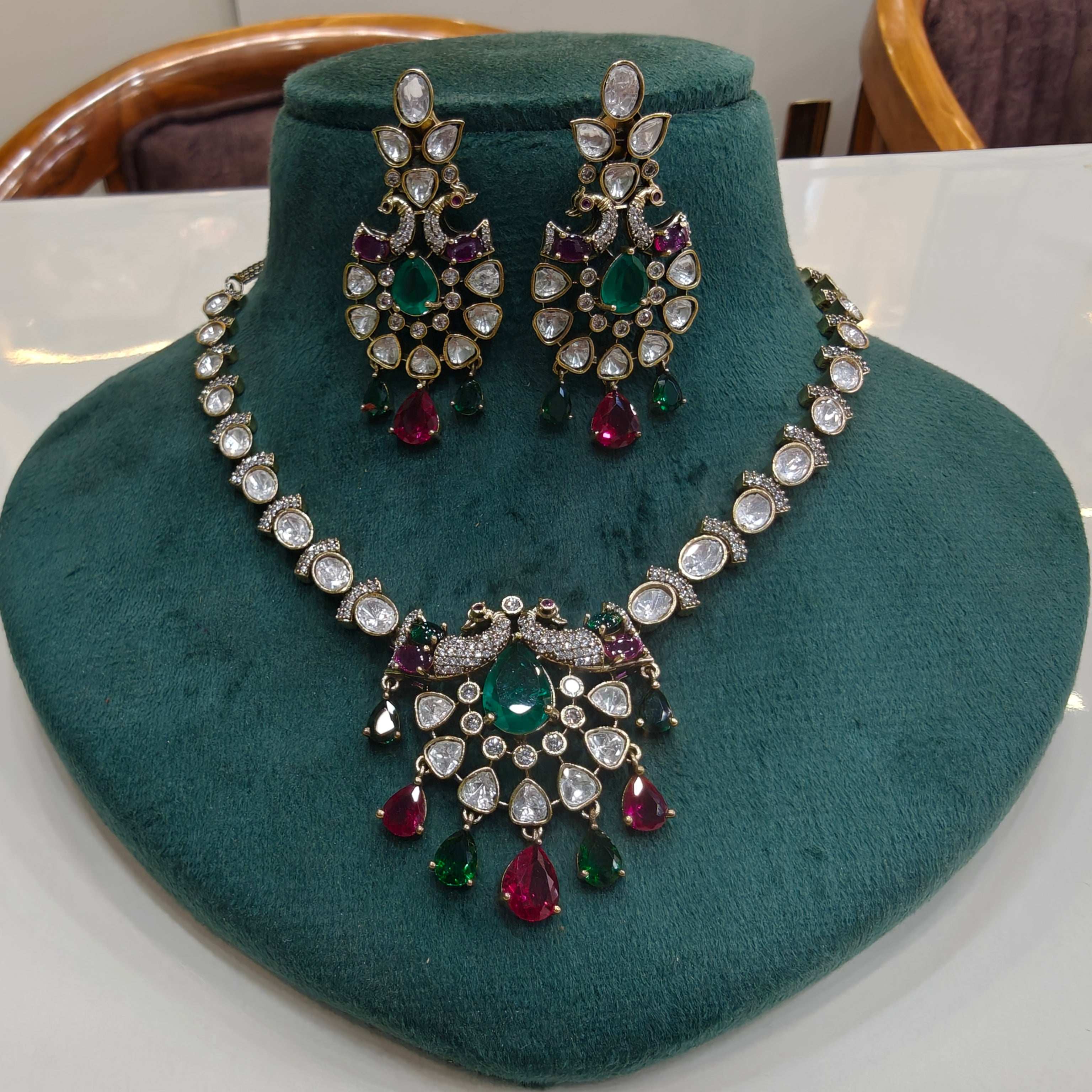 Chandrika Morni Uncut Moissanite Polki Necklace Set- Green Ruby