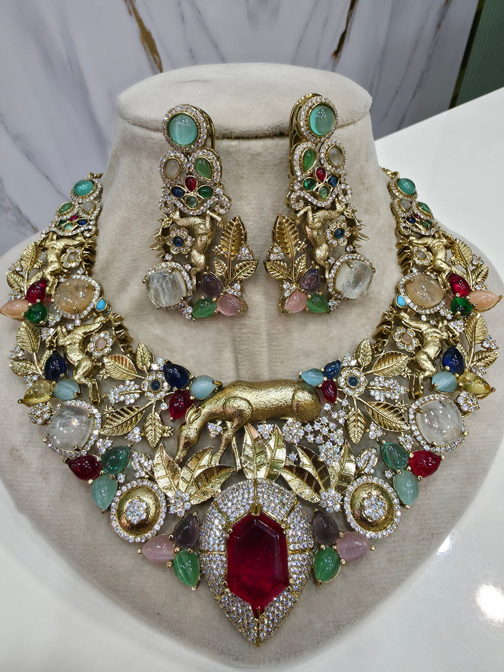 Aranya Vantara Semi Precious Stones Statment Necklace Set- Red Multi