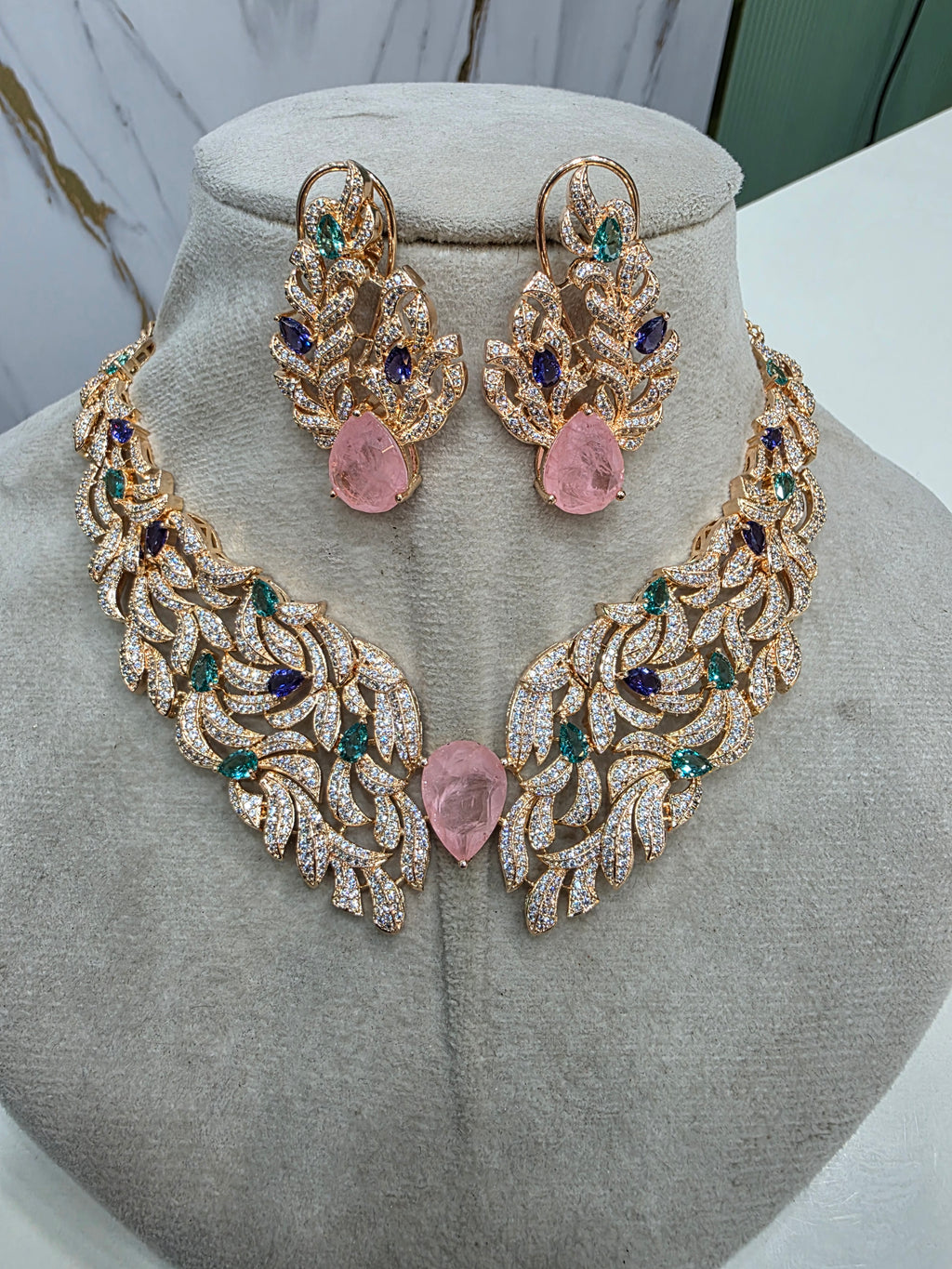 Srishti Premium Carat Plating Russian Doublet Necklace Set- Pink Multi