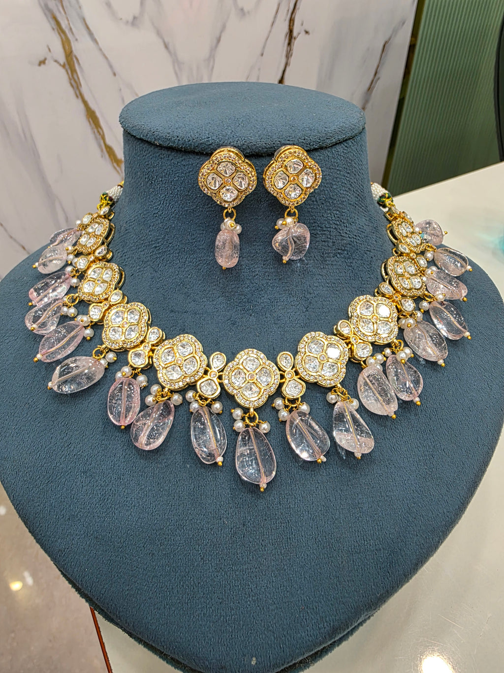 Anvesha Tyani Kundan Necklace Set- Baby Pink