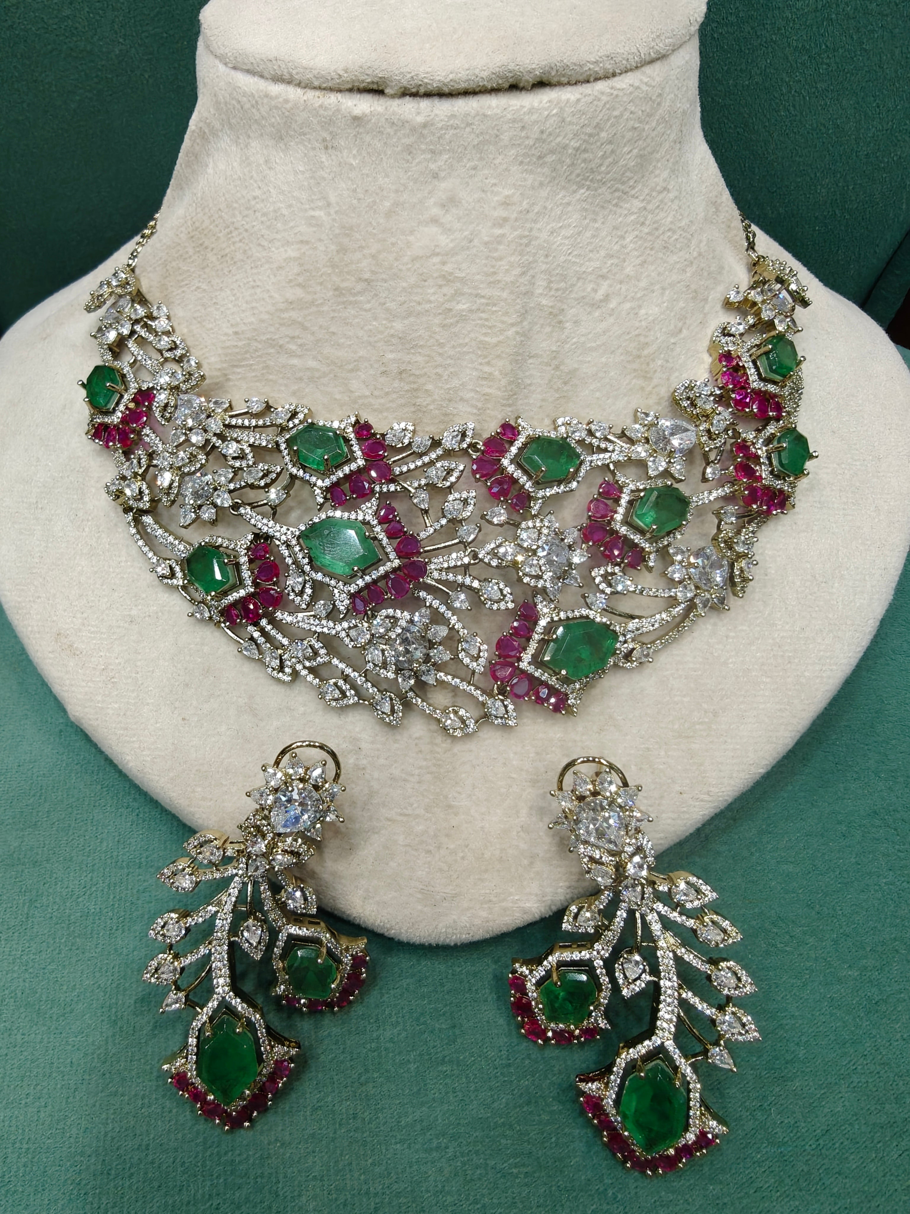 Rajkumari Bloom Statement Necklace Set- Mint and Ruby