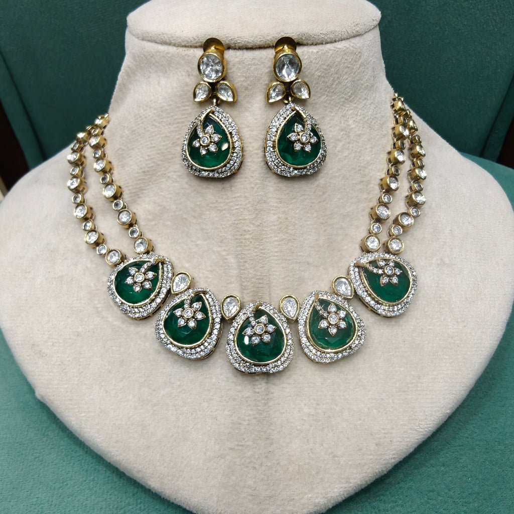 Dharti Doublet and Uncut Polki Necklace Set- Green