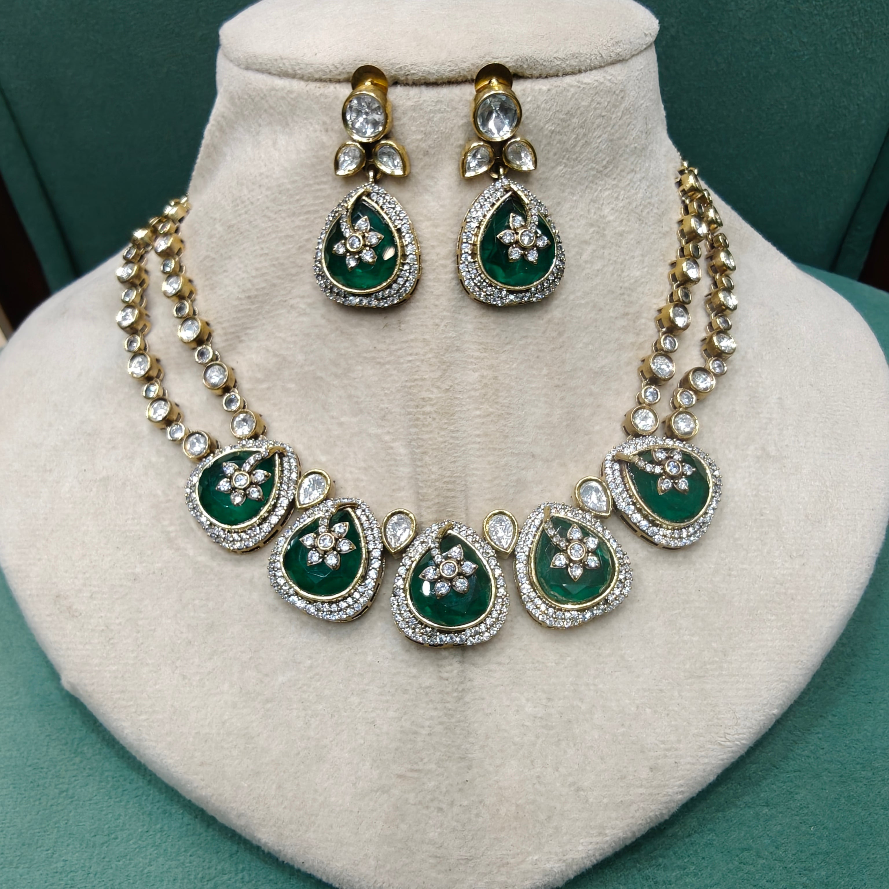 Dharti Doublet and Uncut Polki Necklace Set- Green