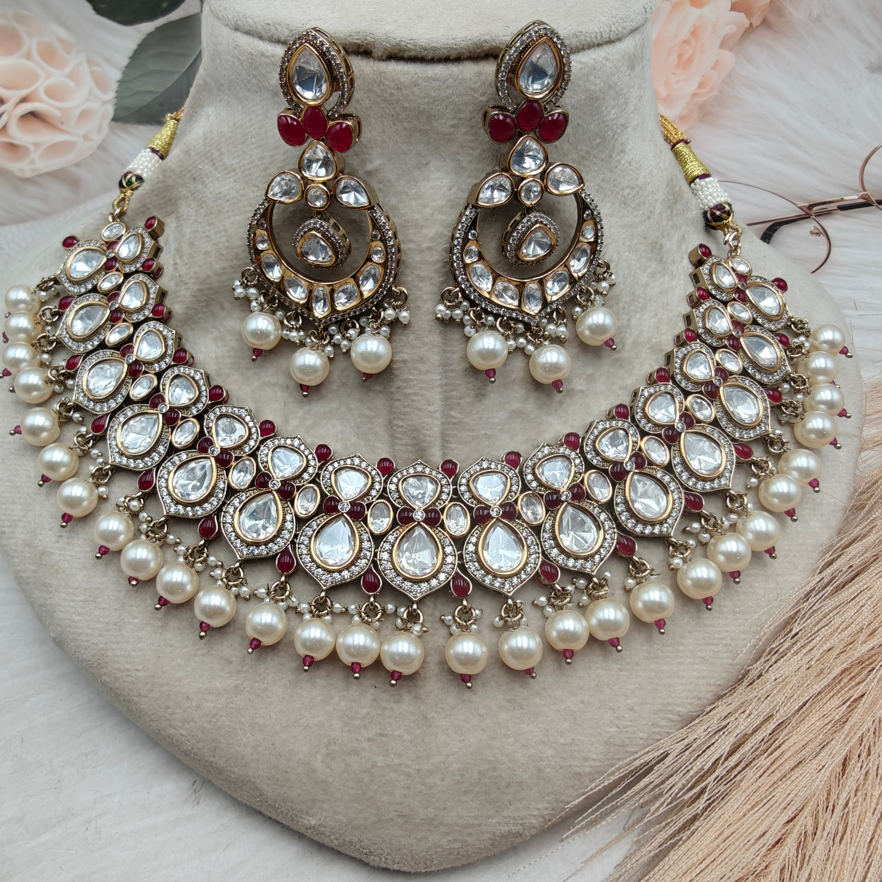 Aafreen Regal Kundan Pearl Set - Maroon