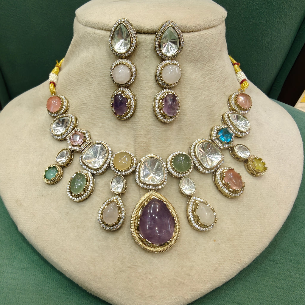 Priya Sabya Inspired Polki Fusion Necklace Set- Lavender  Multi