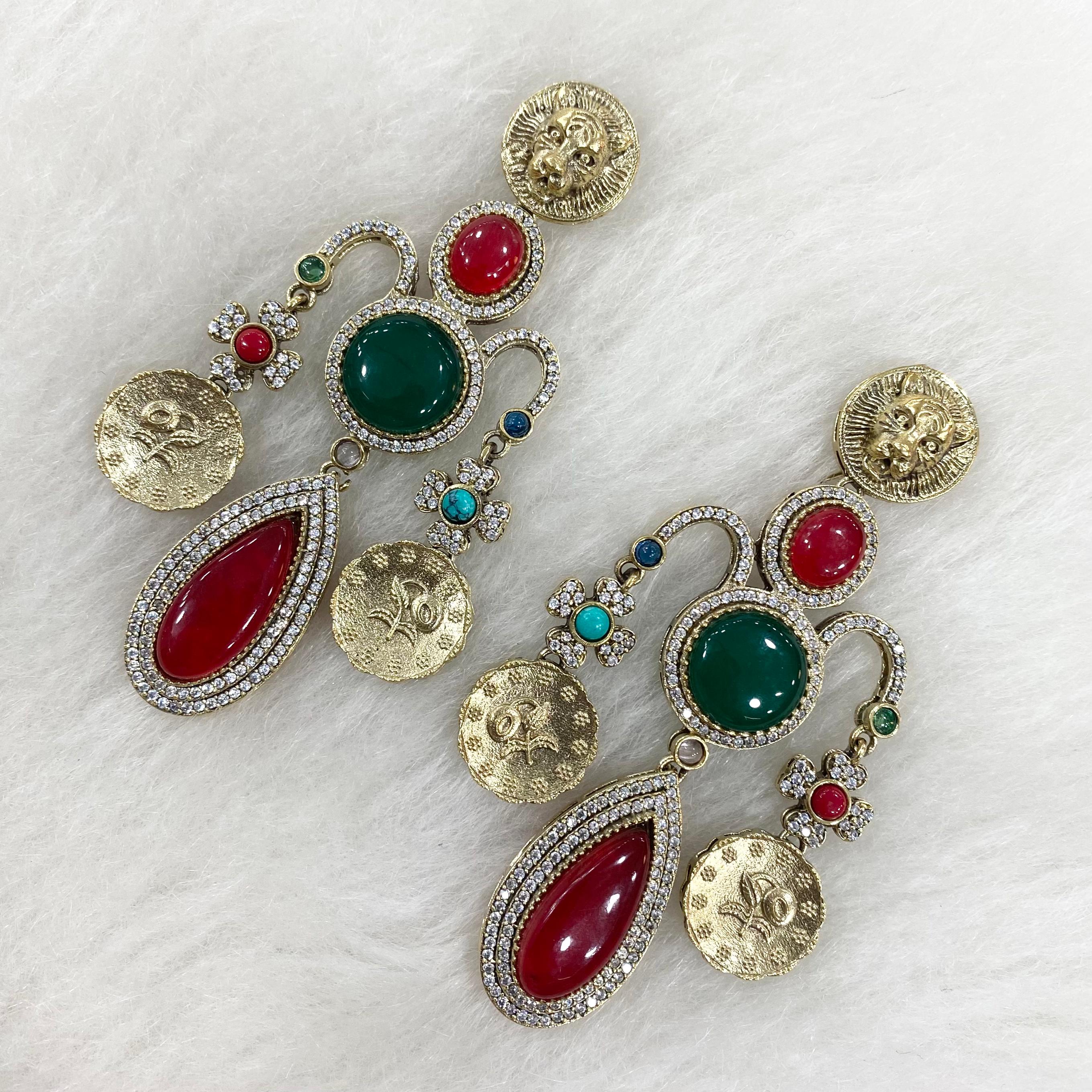 Sabya Inspired Sana Cabochon Doublet Statement Chandelier - Red n Green