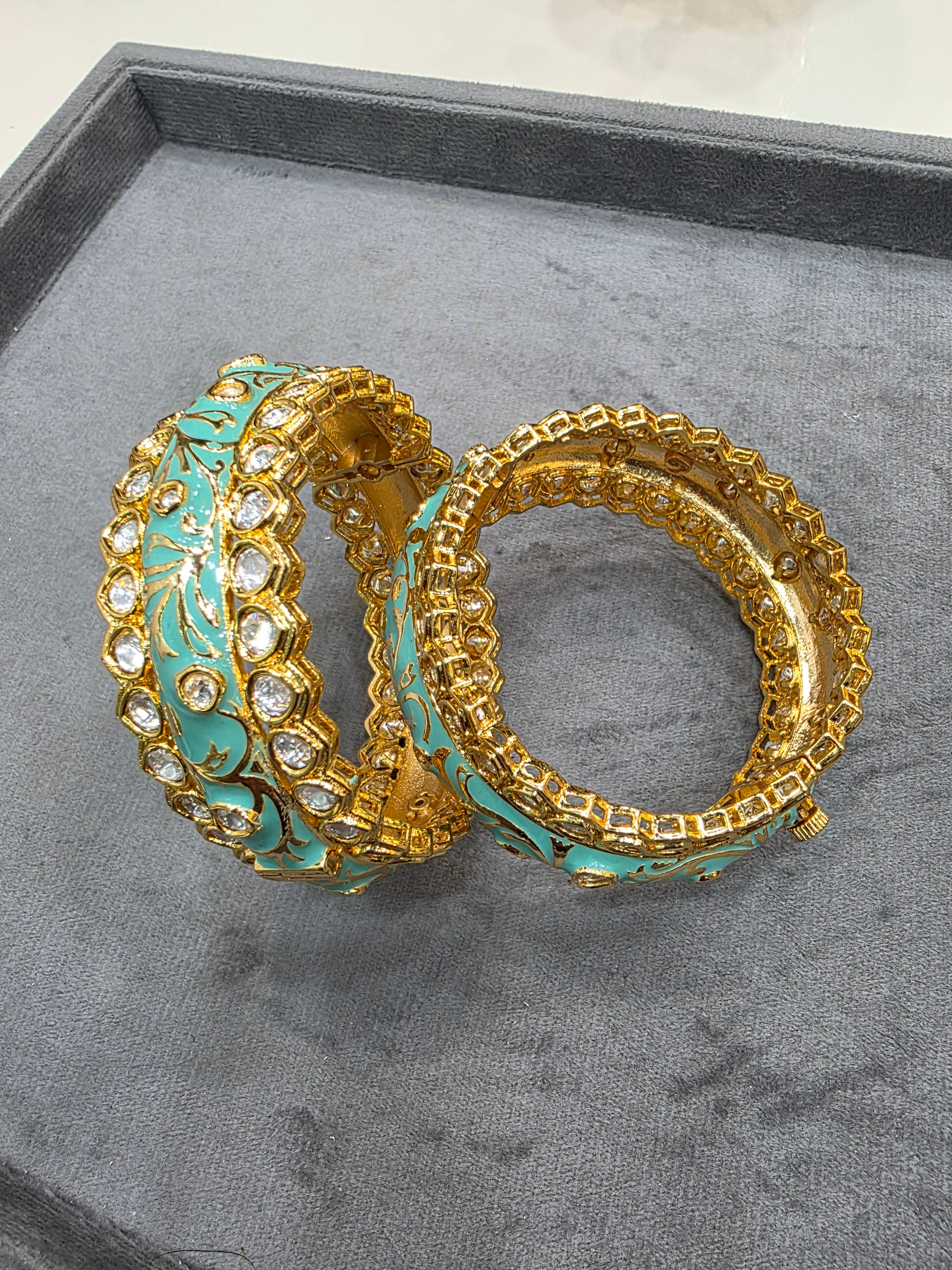 Jaya Enamel Meenakari Kundan Openable Kangan (Pair)- Turquoise