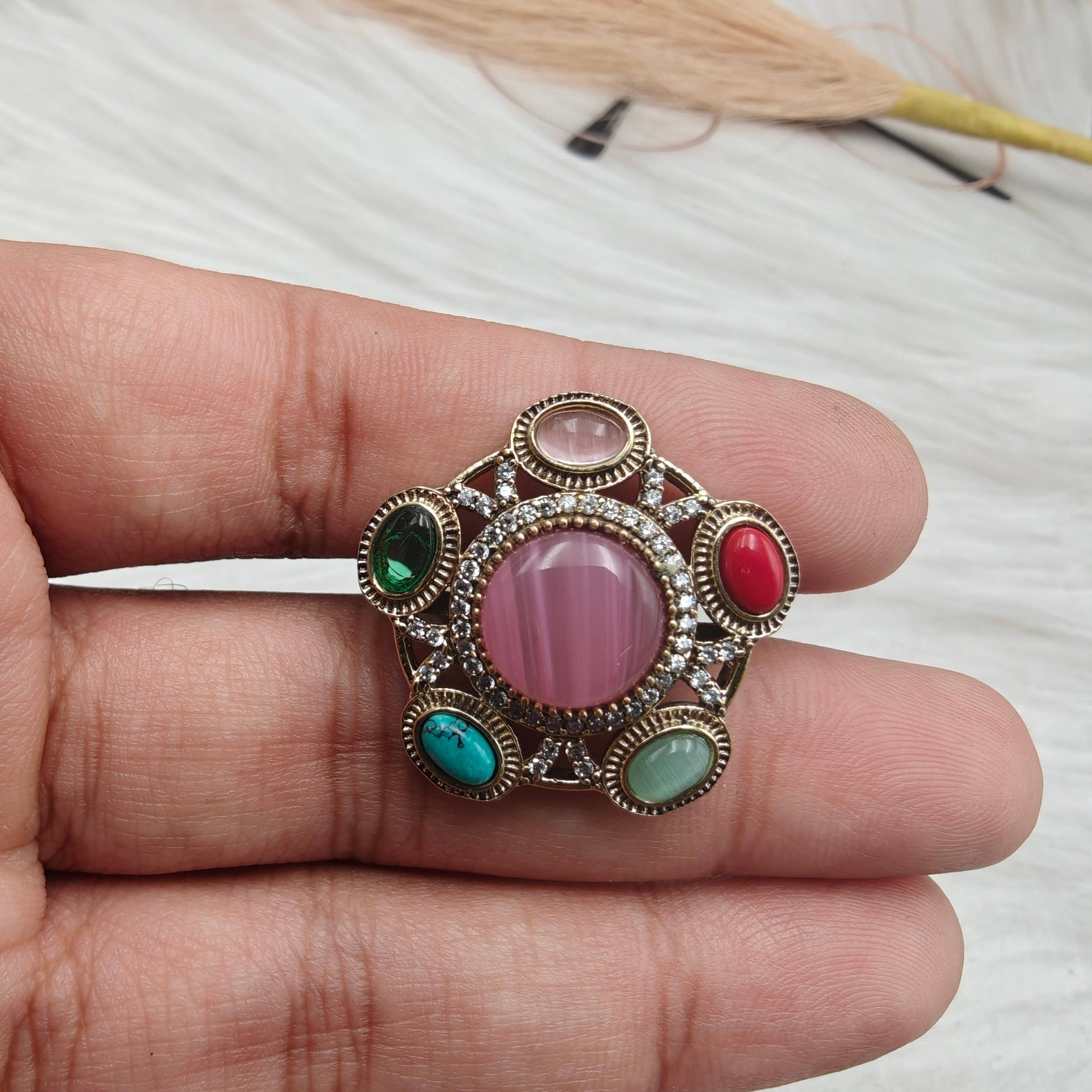 Nazni Inspired Multi Stone Adjustable Ring- Pink Multi