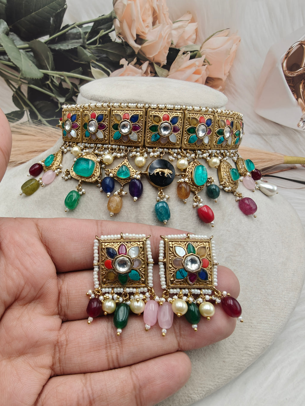 Sabyasachi Inspired Navratan Takker Stone Choker Set- Multi