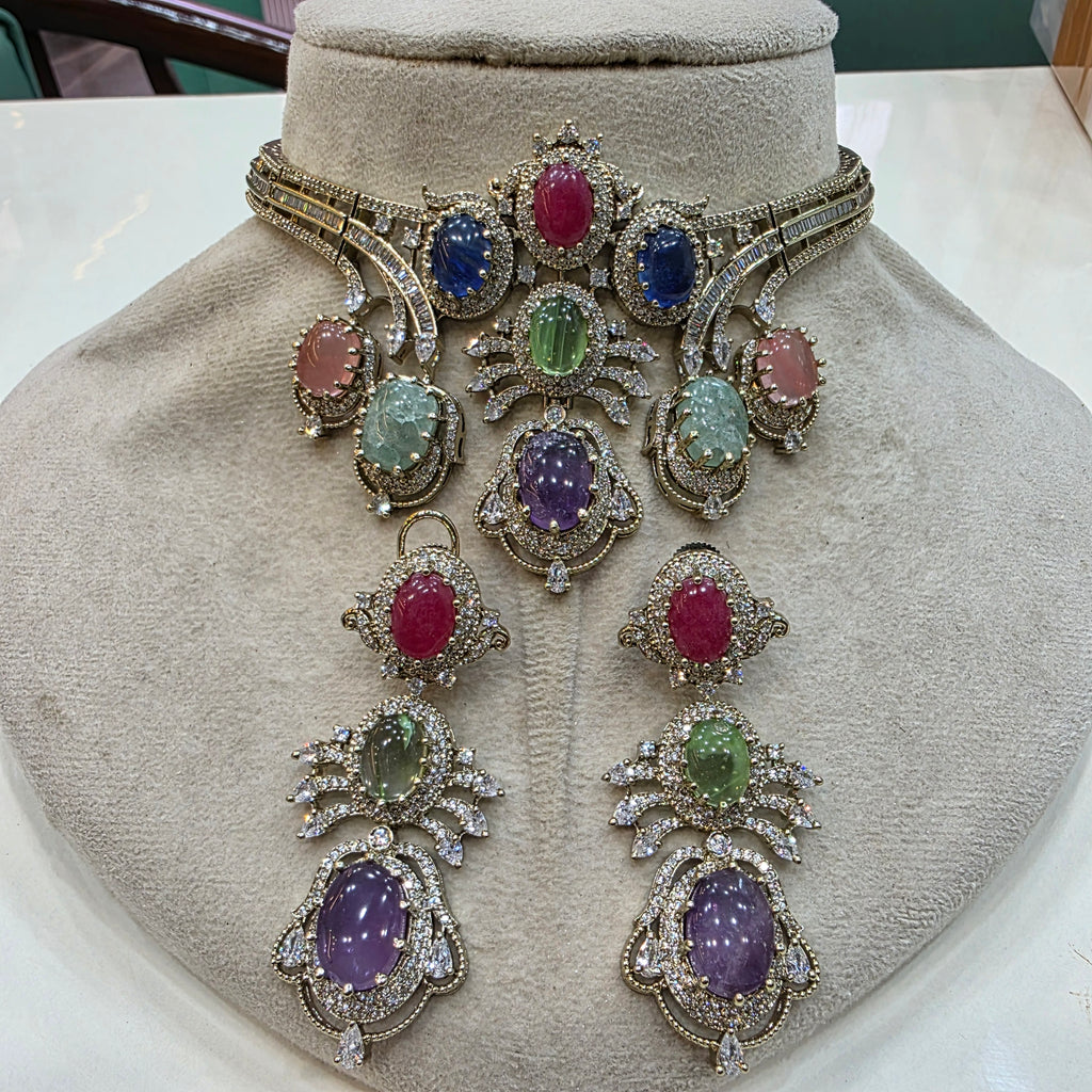 Alankrita Sabya Inspired Gemstone Statement Choker Necklace Set- Purple Multi