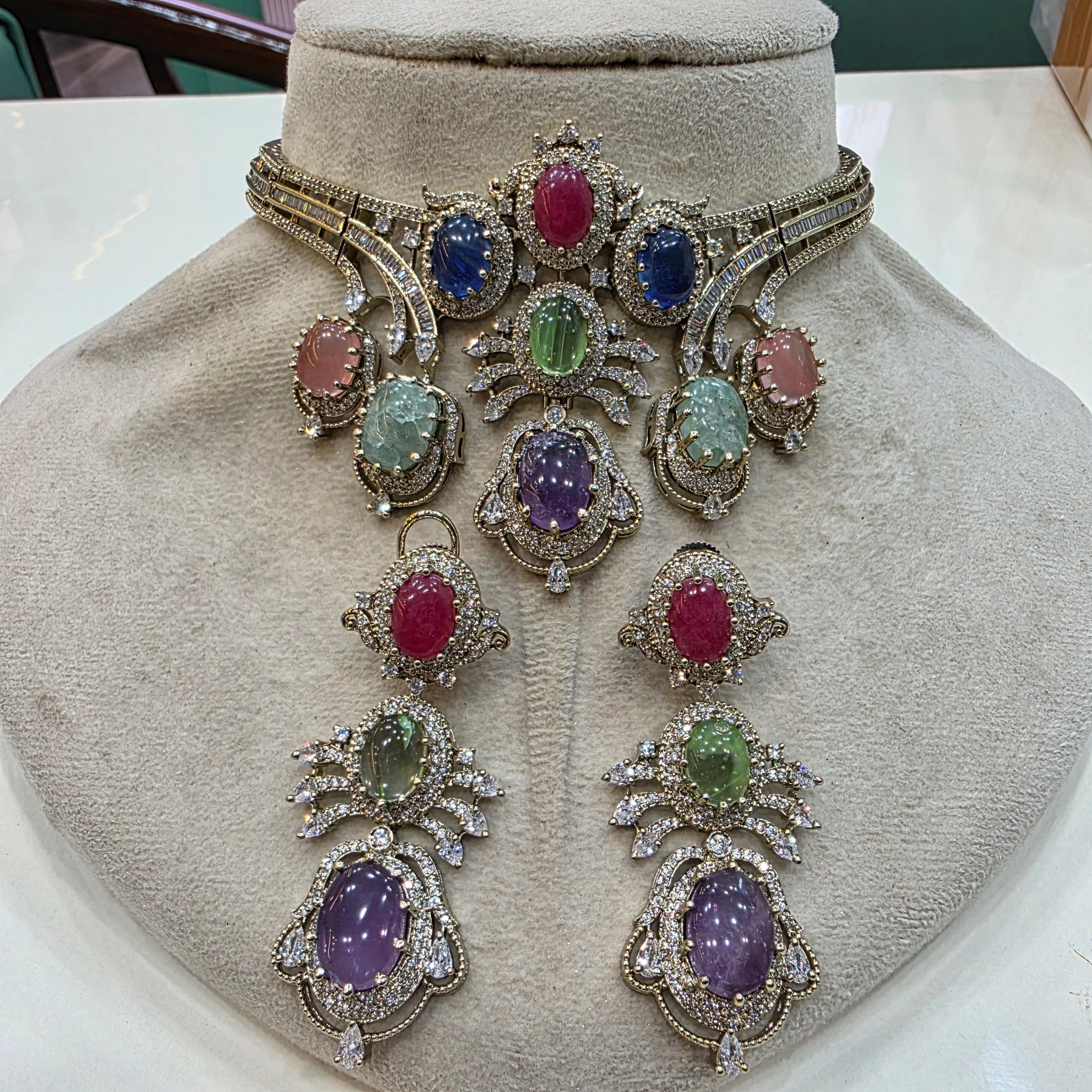 Alankrita Sabya Inspired Gemstone Statement Choker Necklace Set- Purple Multi