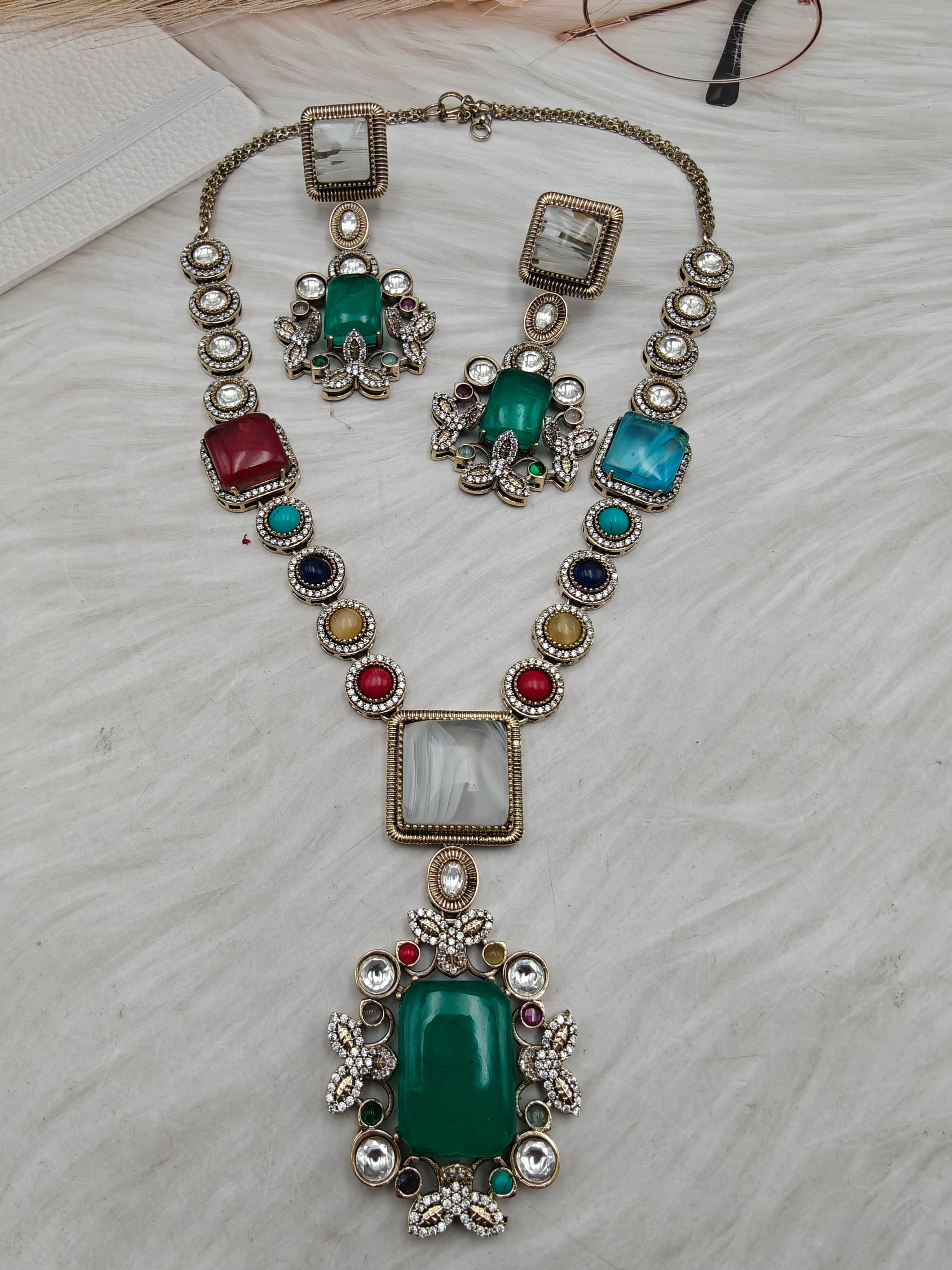 Mitali Sabya Inspired Gemstones Statement Necklace Set -Green Multi