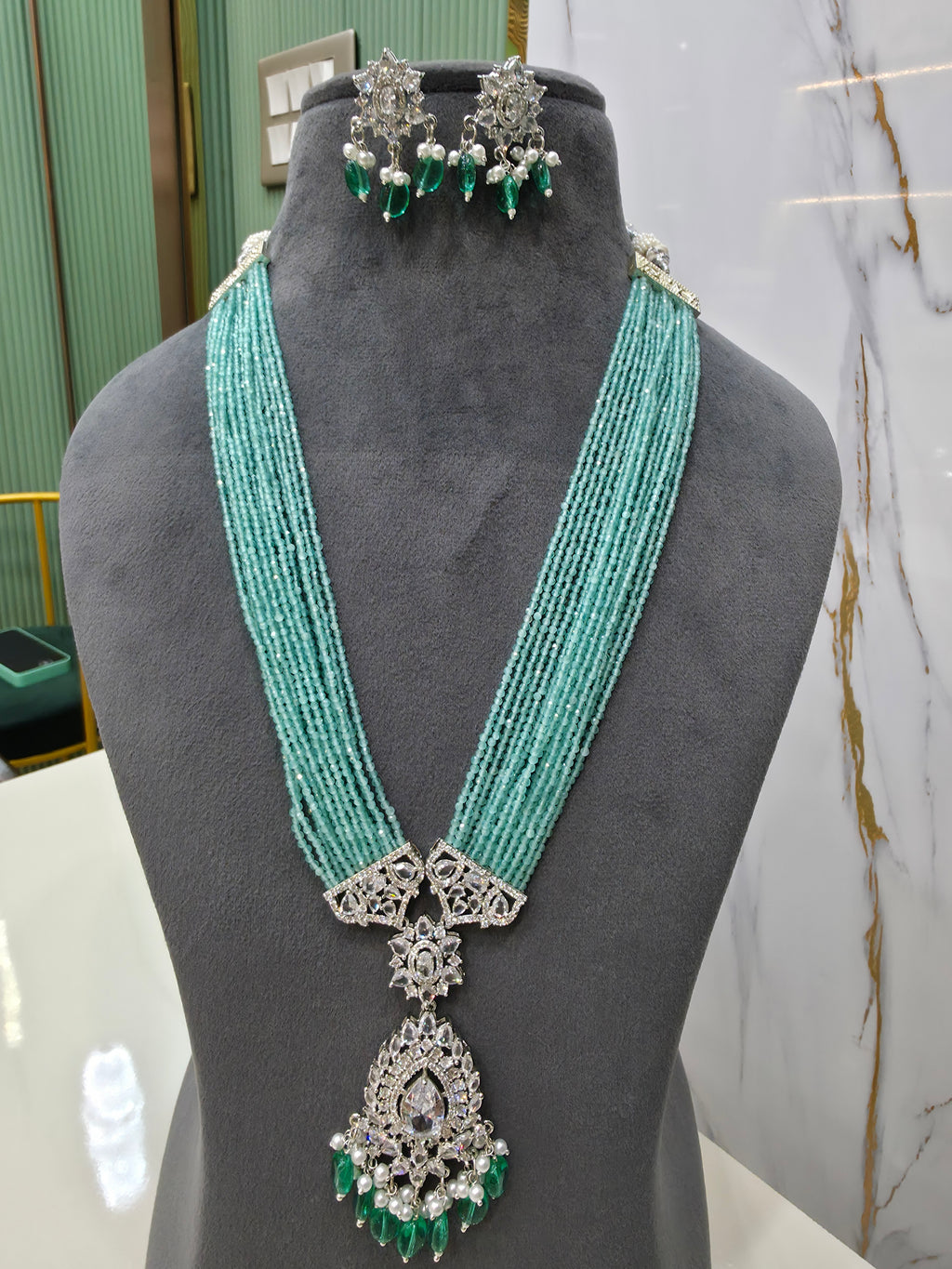 Sonika Hydro Silver Finish long Necklace - Sea Green