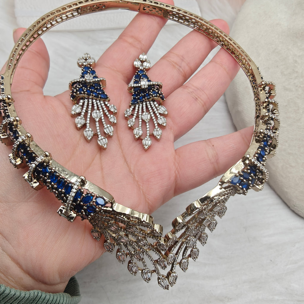Elysian Empress Collar Style Hasli Necklace Set- Blue