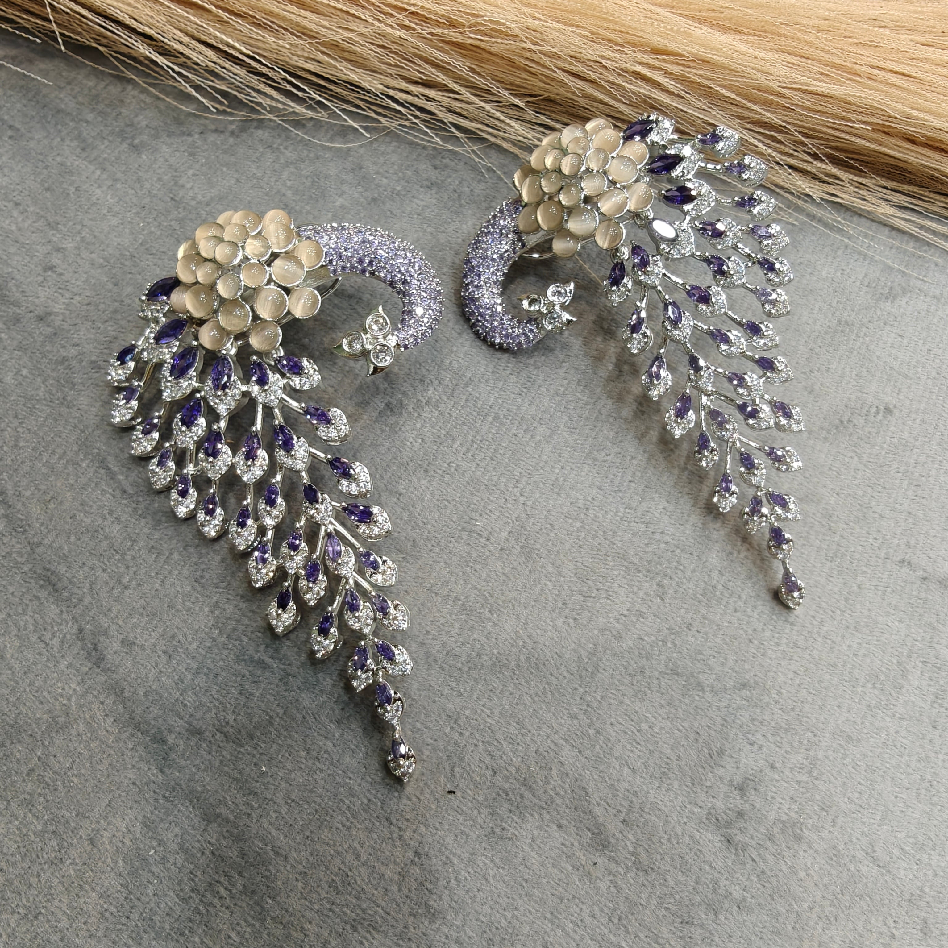 Vantara Peacock Statement Silver Plated Earrings- Purple And Soft Peach
