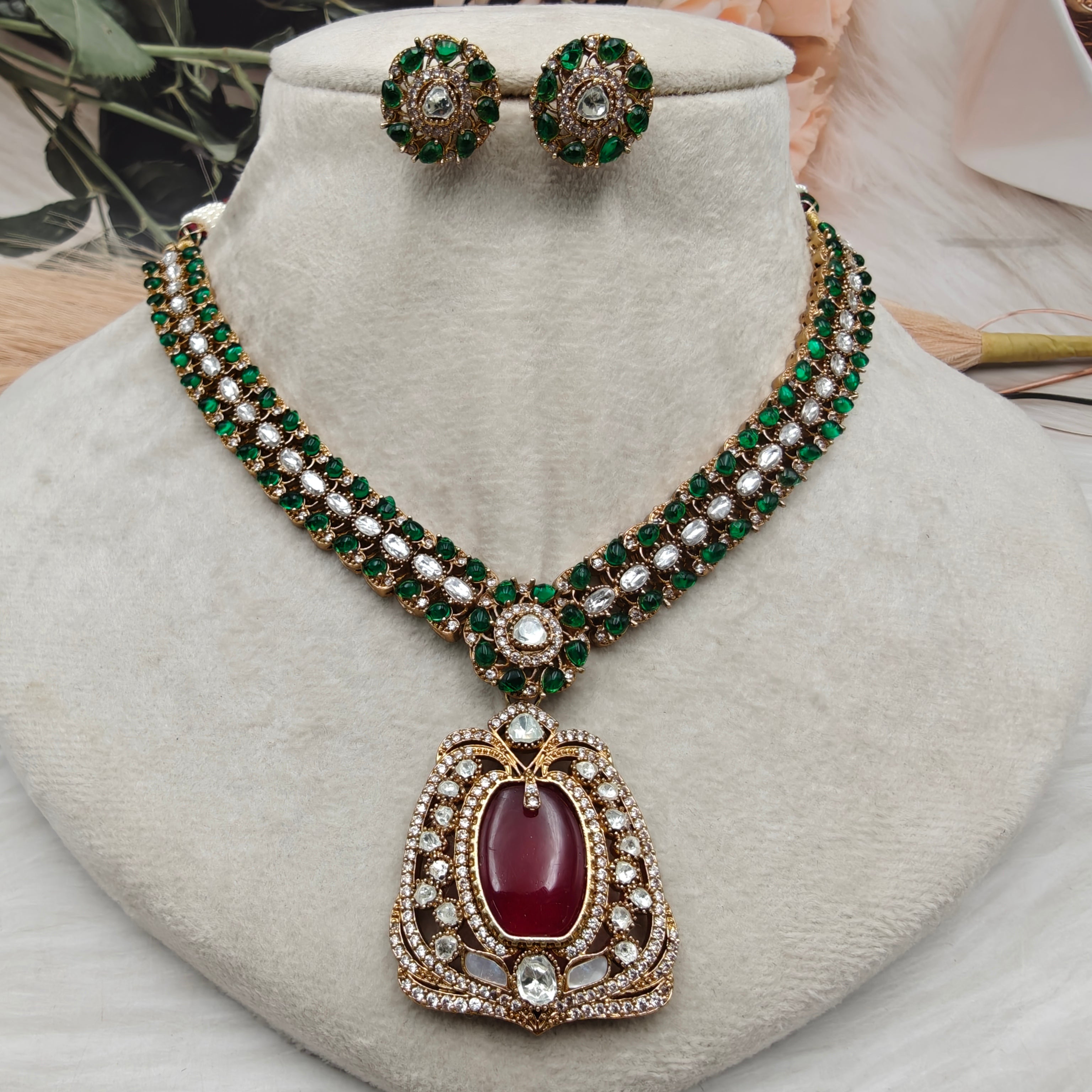 Gulnaz Royale Necklace Set - Green n Red
