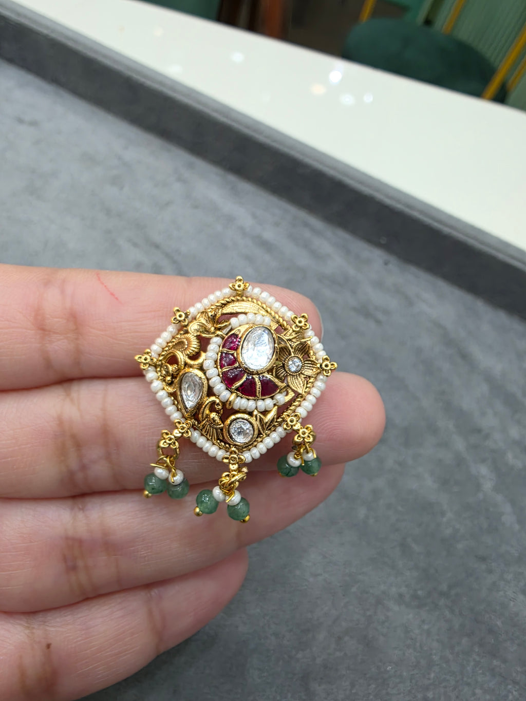Chandani Heritage Brass Adjustable Ring - Ruby