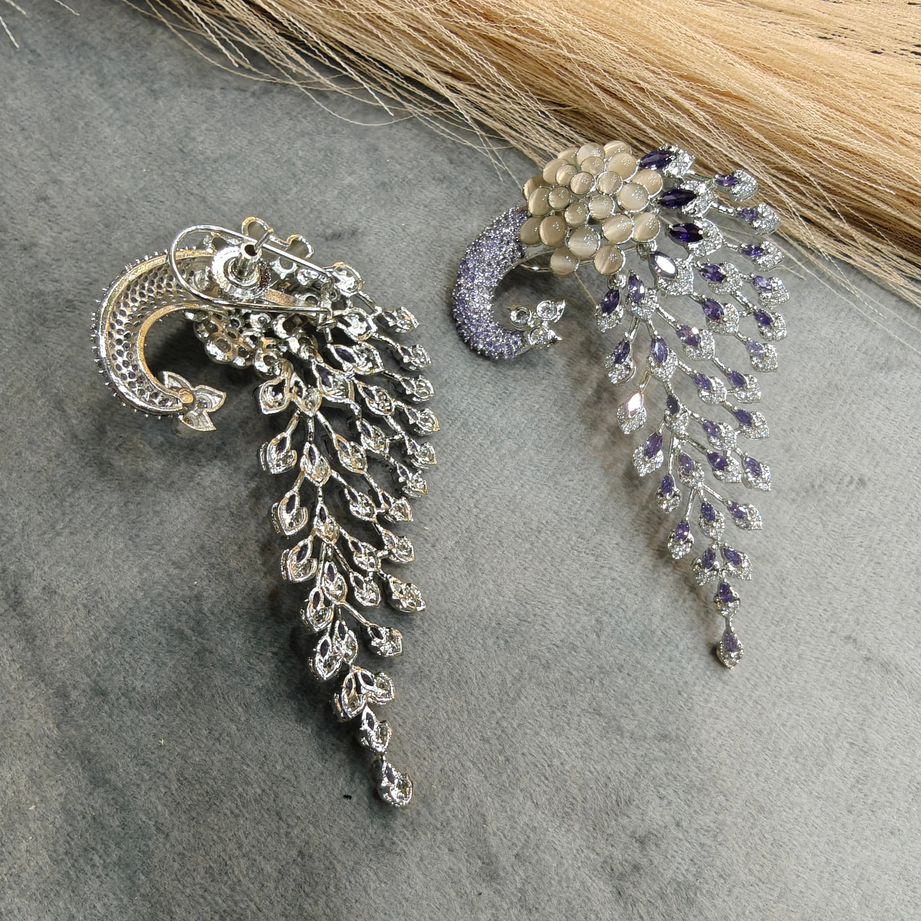 Vantara Peacock Statement Silver Plated Earrings- Purple And Soft Peach