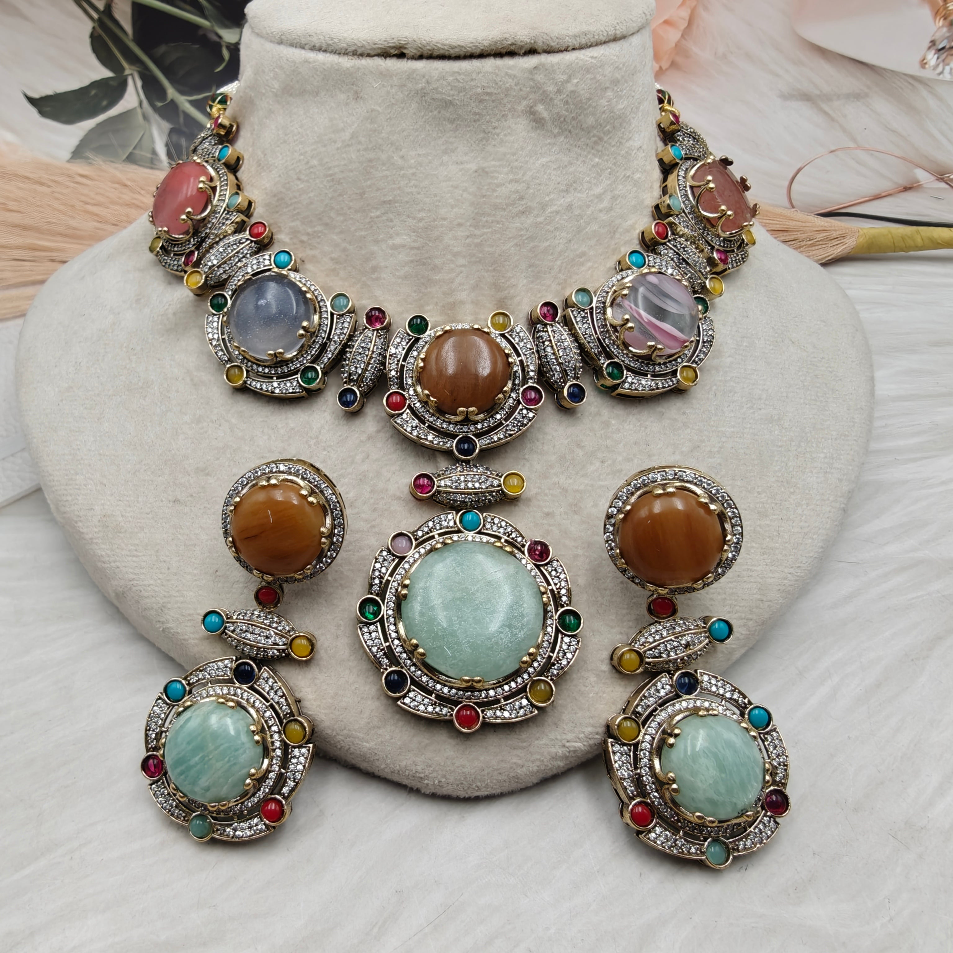 Maithali Sabyasachi Inspired Premium Semi Precious Stone Necklace Set - Multi 1