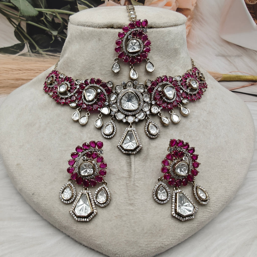 Abhilasha Uncut Moissanite Polki Premium Necklace Set - Ruby