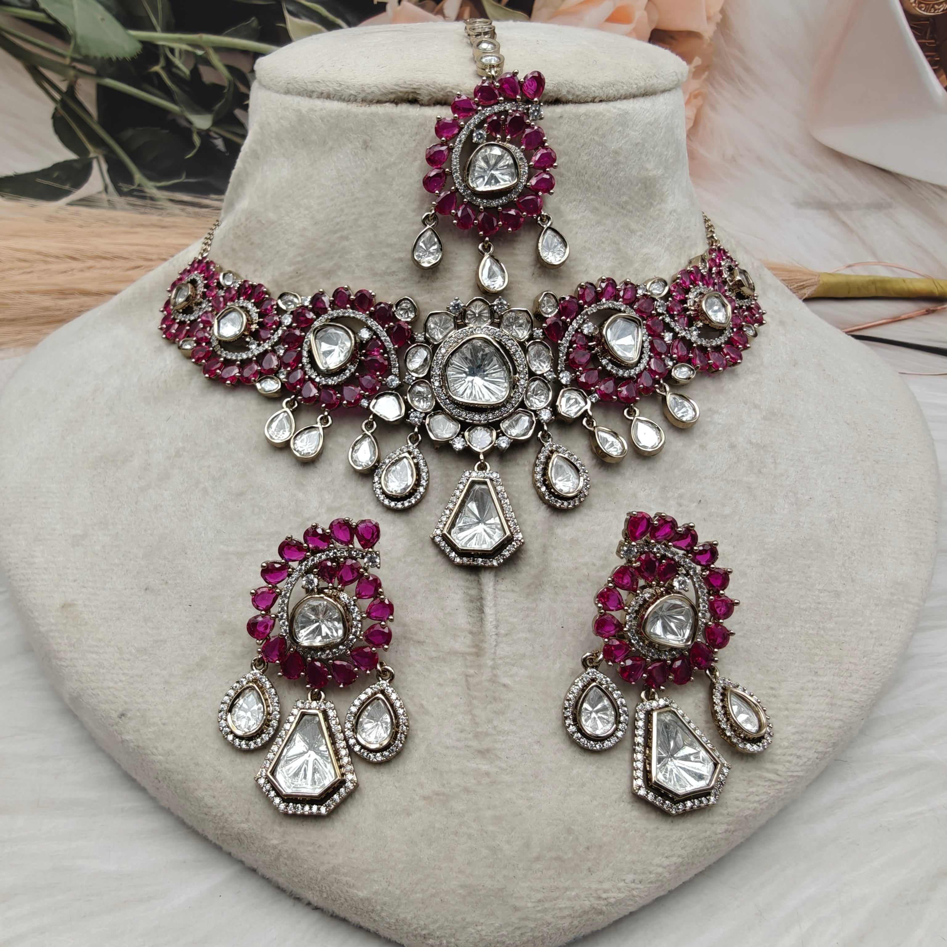 Abhilasha Uncut Moissanite Polki Premium Necklace Set - Ruby