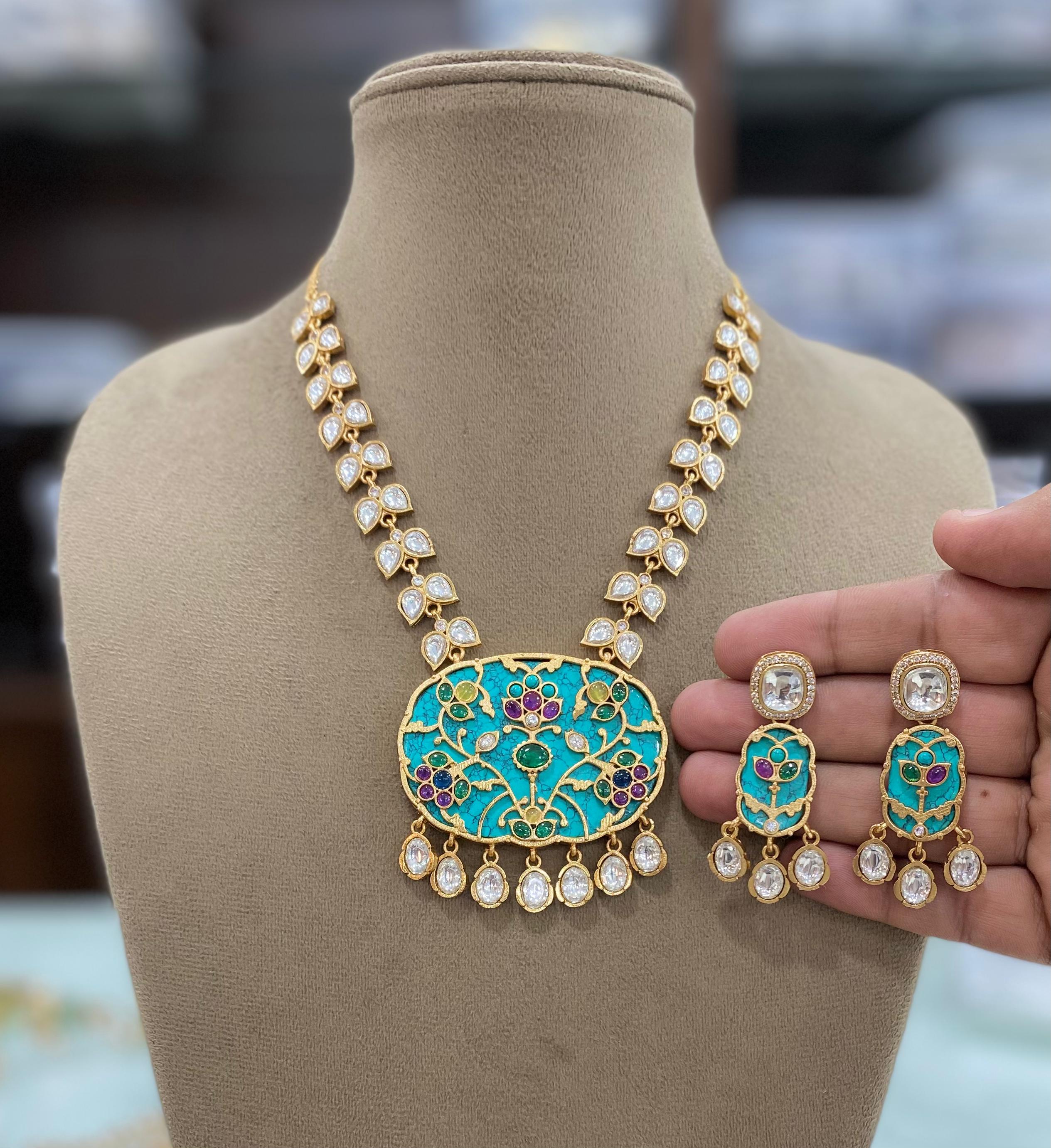 Sakshi Holdali Uncut Polki Necklace Set - Turquoise