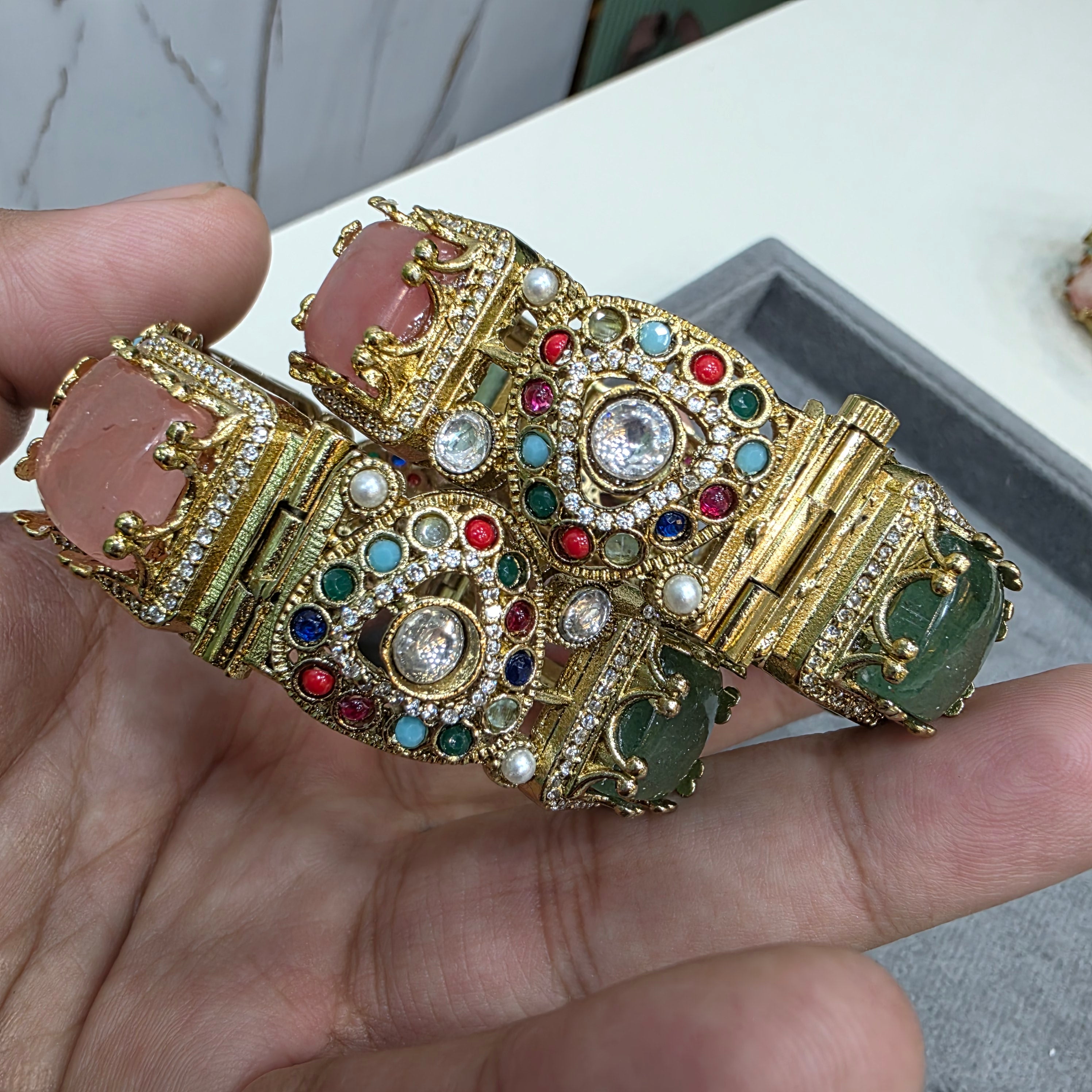 Chavi Sabya Inspired Gemstone Openable Bangles - Green and Coral