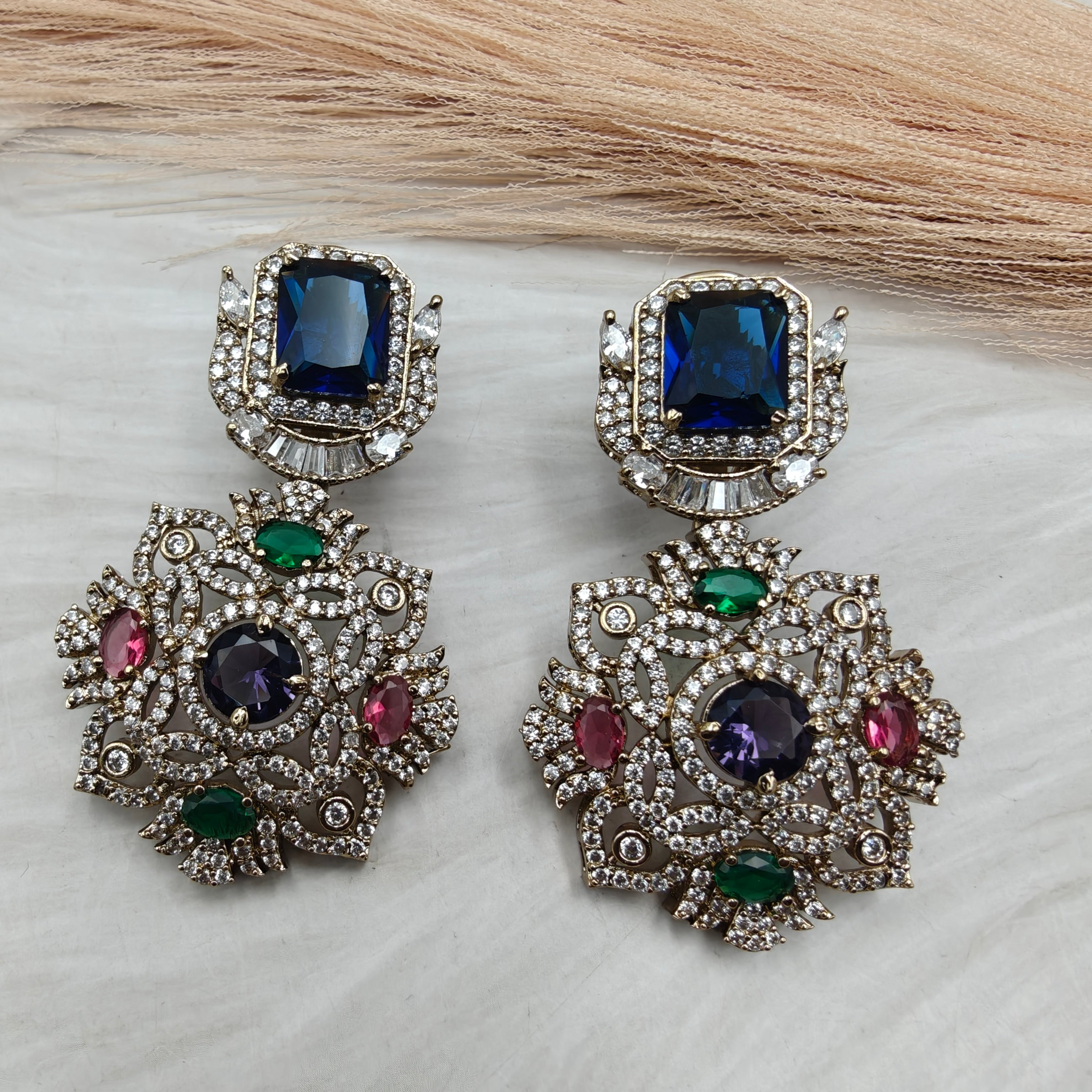 Virgya Sabyasachi Inspired Quartz Statement Earrings- Blue Multi