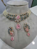 Mayura Hazoori Inspired Doublet and Pearl Choker Necklace Set- Teal Pink