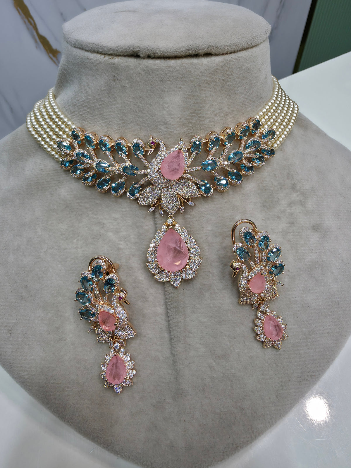 Mayura Hazoori Inspired Doublet and Pearl Choker Necklace Set- Teal Pink
