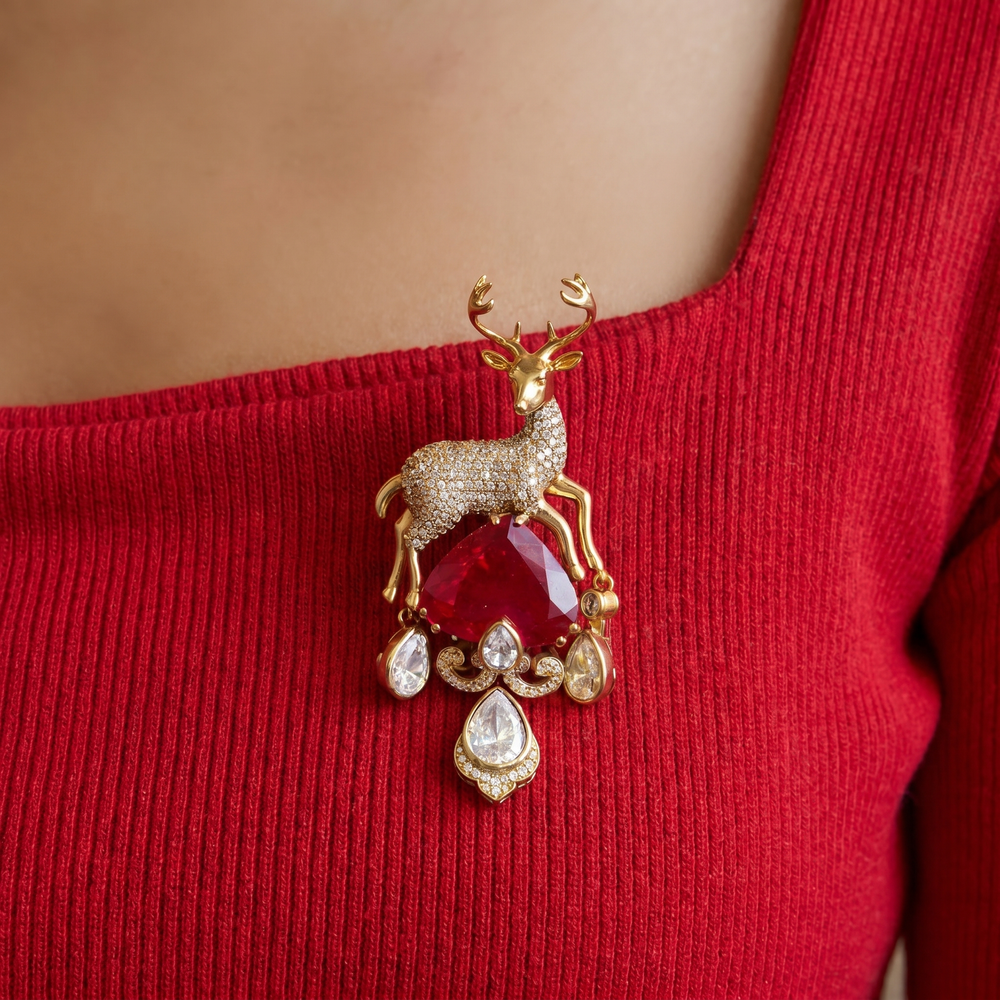 Deer Doublet Stone Unisex Brooch- Red