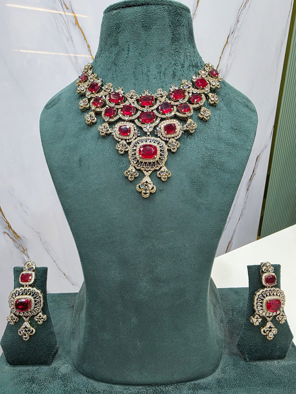 Anushka Doublet Polki Necklace Set- Red