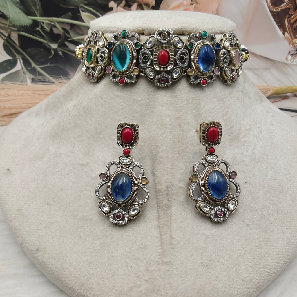 Nayab Regal Sabya Inspired choker set - Red Blue Multi