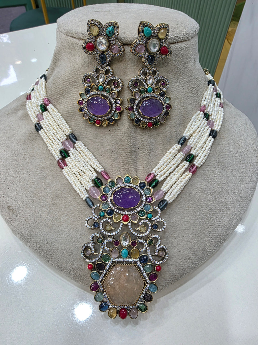 Saarvi Sabya Inspired Choker Necklace Set- Purple Peach Multi