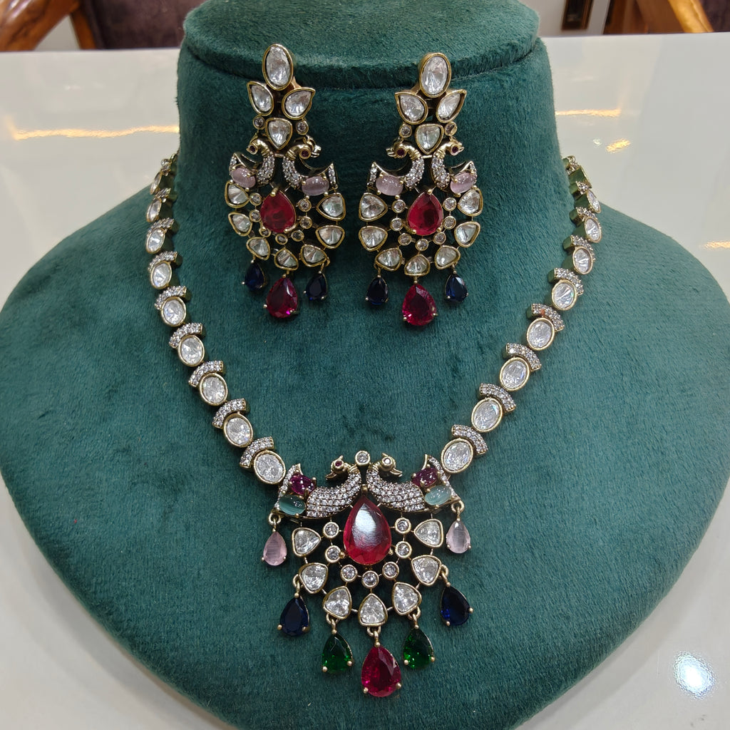Chandrika Morni Uncut Moissanite Polki Necklace Set- Multi