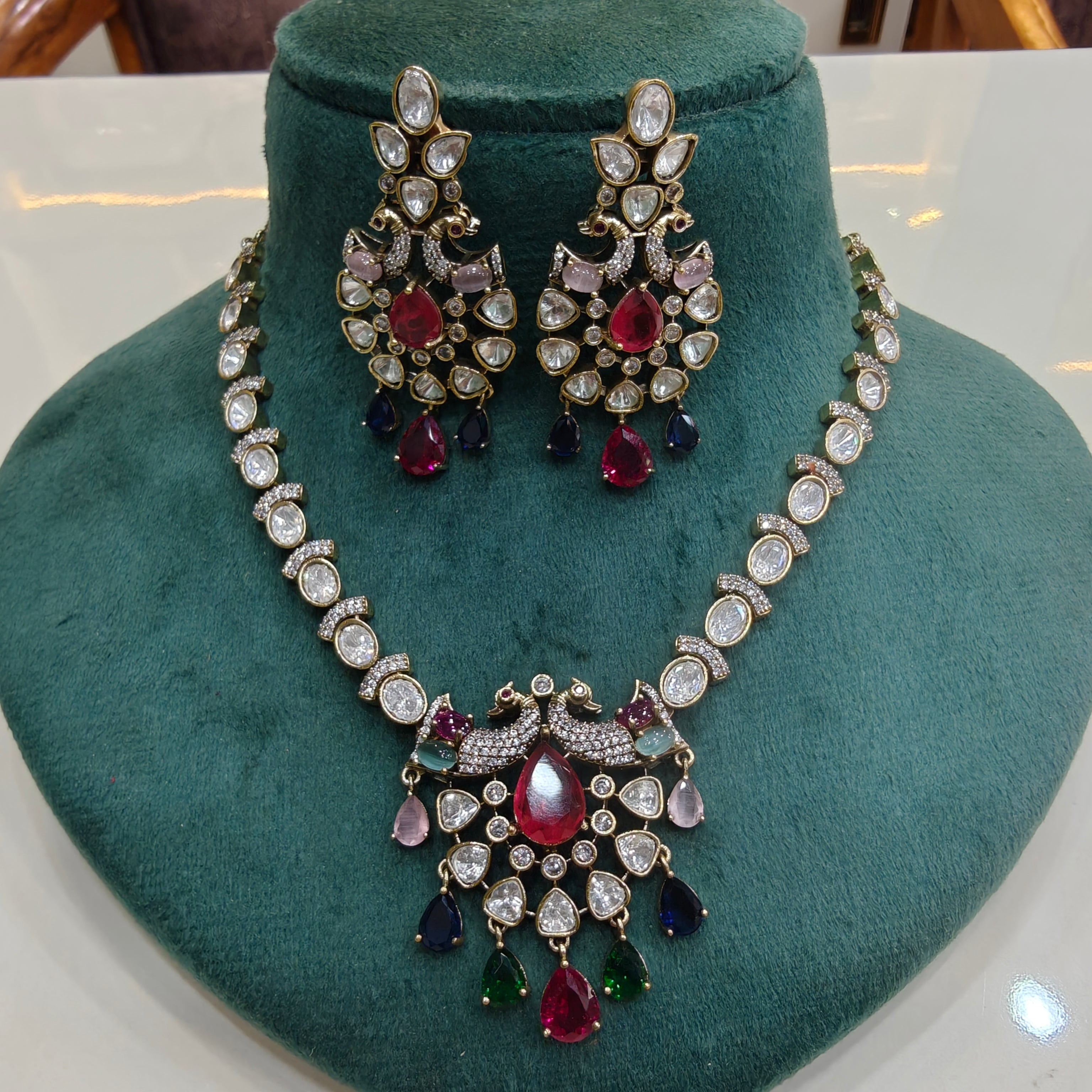 Chandrika Morni Uncut Moissanite Polki Necklace Set- Multi