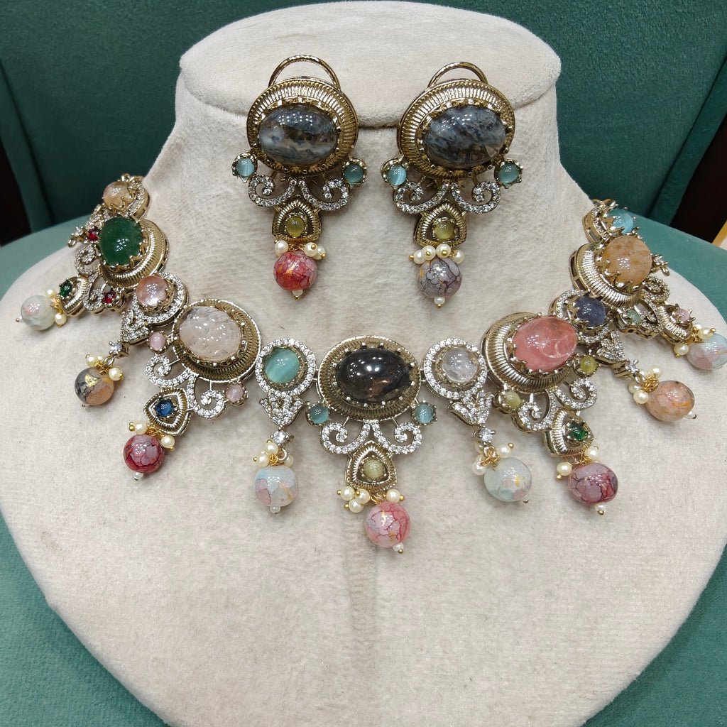 Reshma Sabya Inspired Gemstone Necklace Set- Black Multi