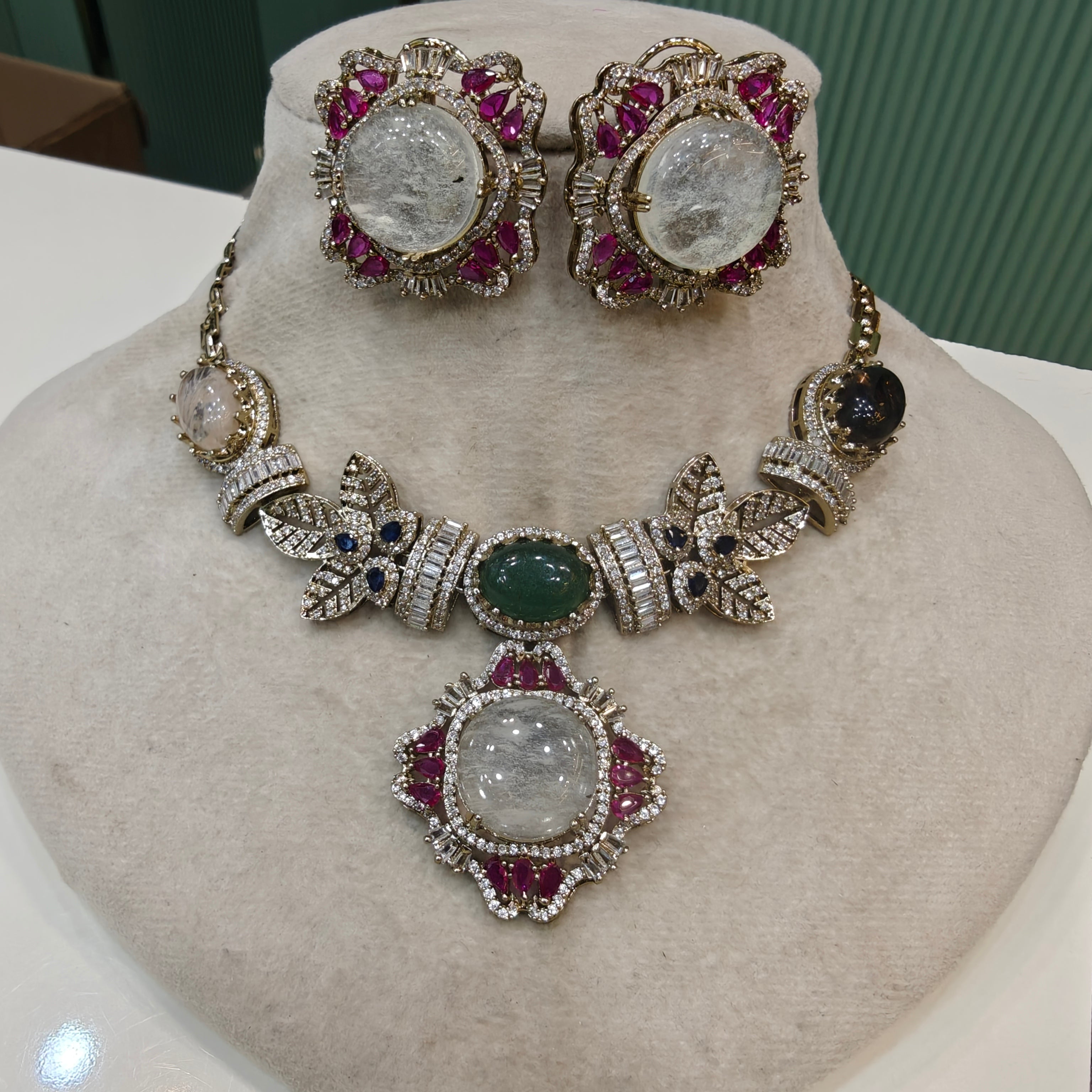 Noorvani Gemstone Sabya inspired Choker Necklace Set- White Multi