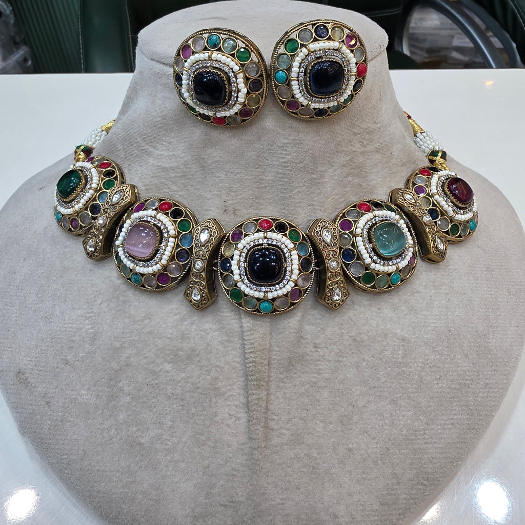 Anaysha Navratan choker Necklace Set- Multi