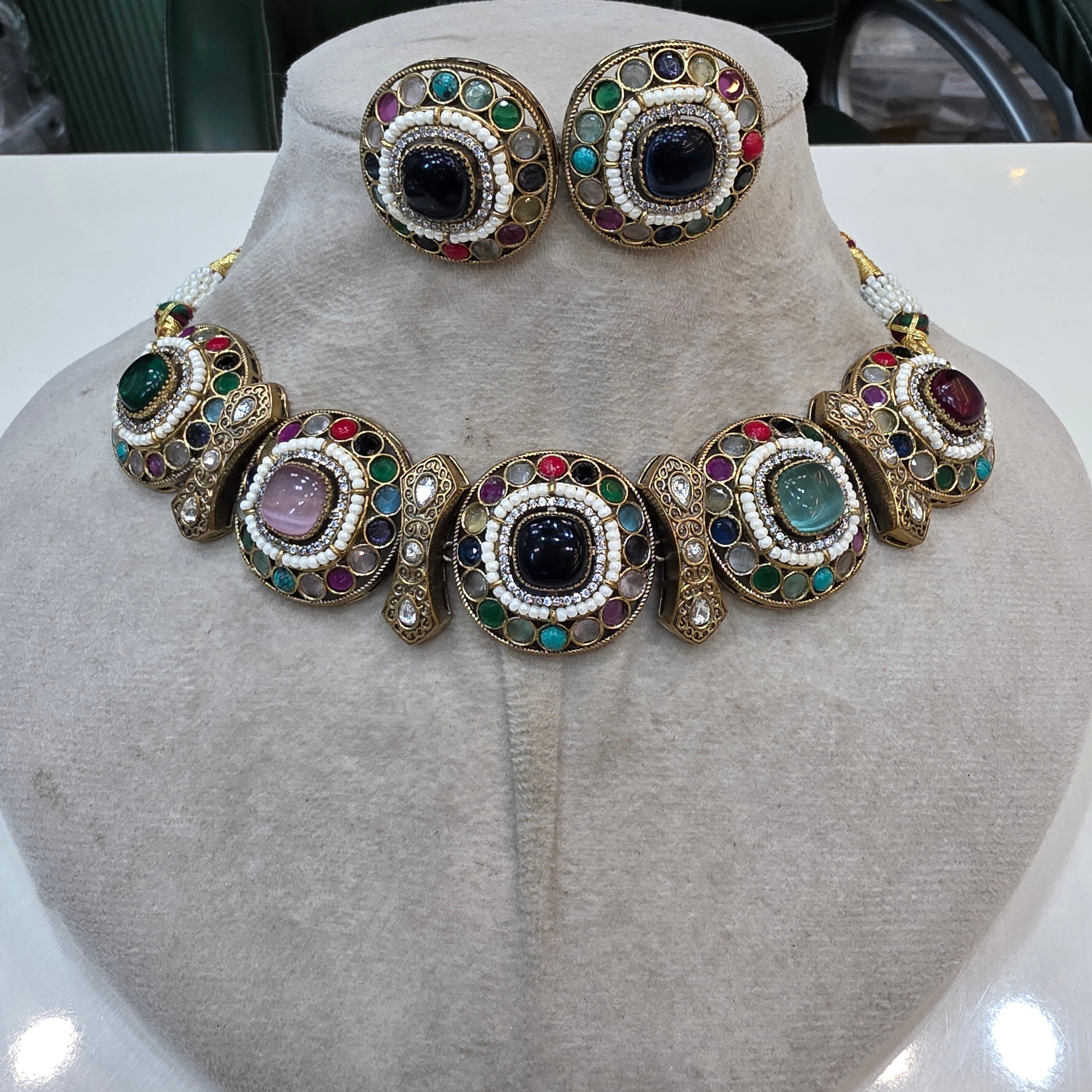 Anaysha Navratan choker Necklace Set- Multi