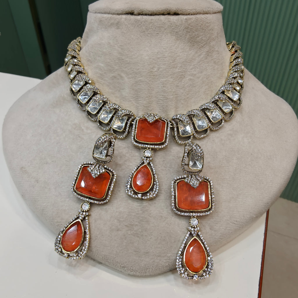 Madhumita Doublet Polki Necklace Set- Orange