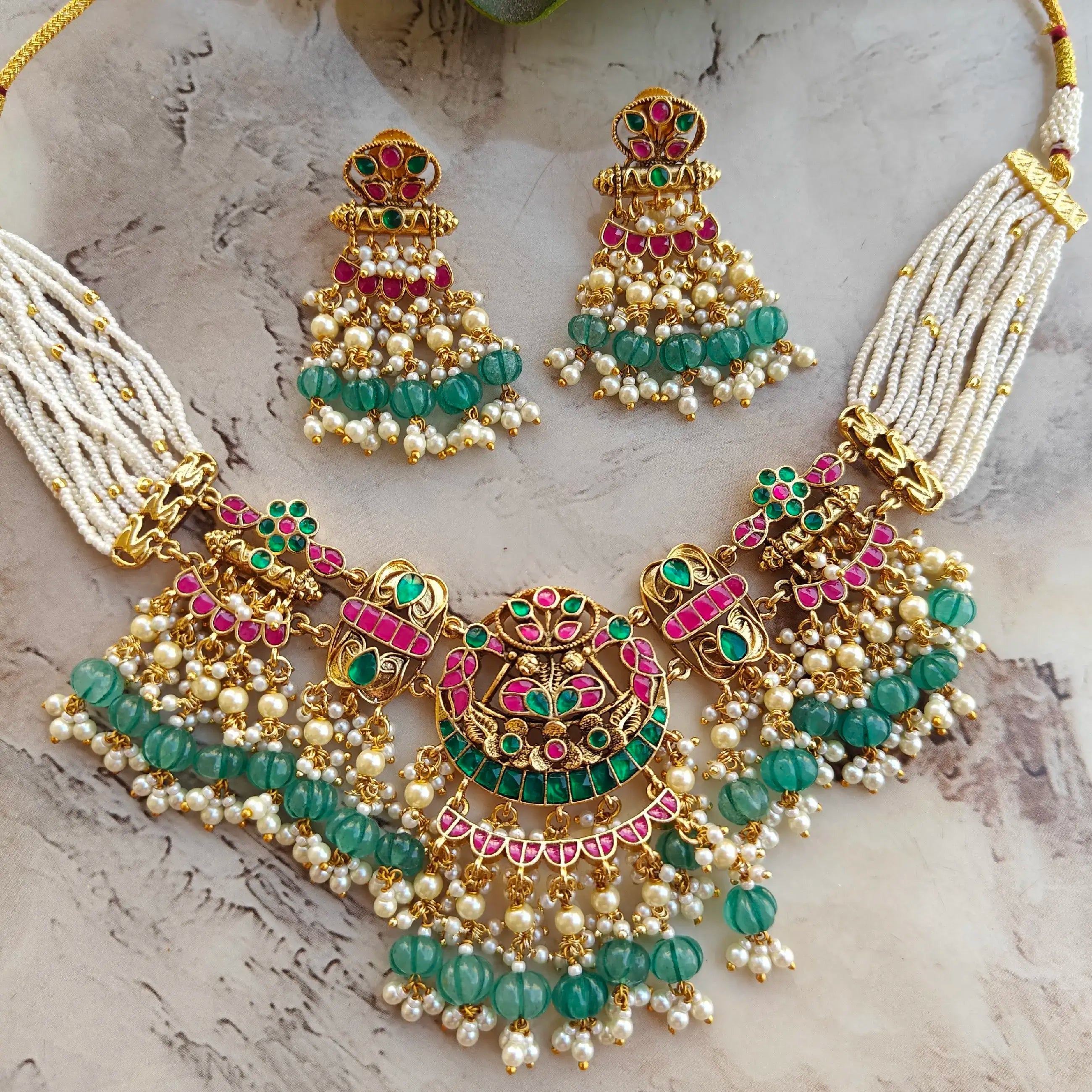 Kashvi Pachi Kundan Jadtar Necklace Set - Mint Green N Ruby