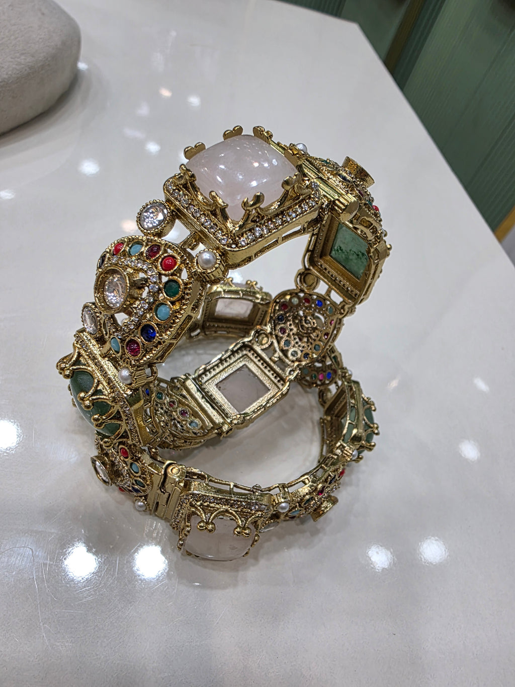 Chavi Sabya Inspired Gemstone Openable Bangles - Mint Pink