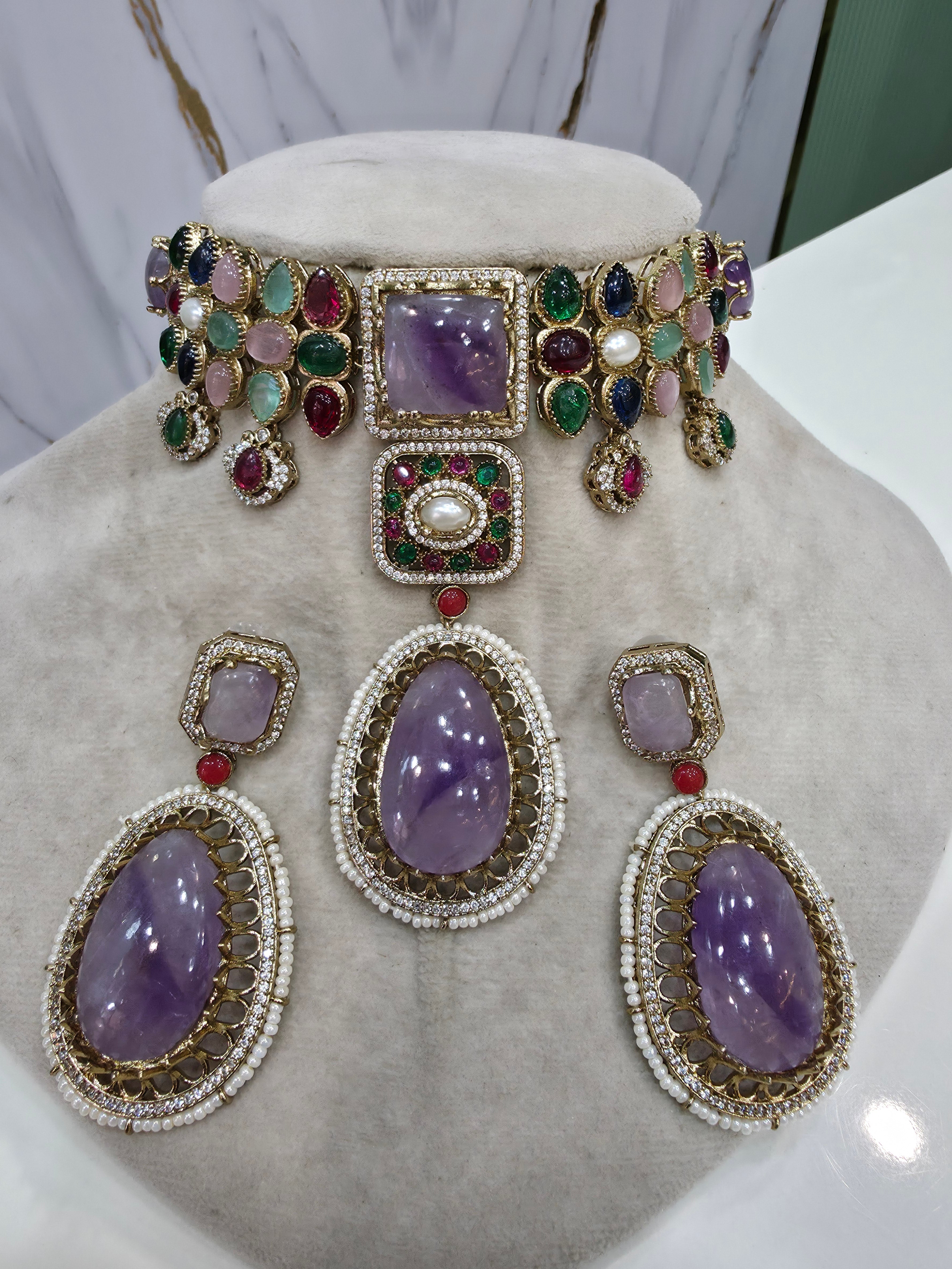 Alokika Sabya Inspired Pearl and Natural Stone Necklace Set- Purple Multi