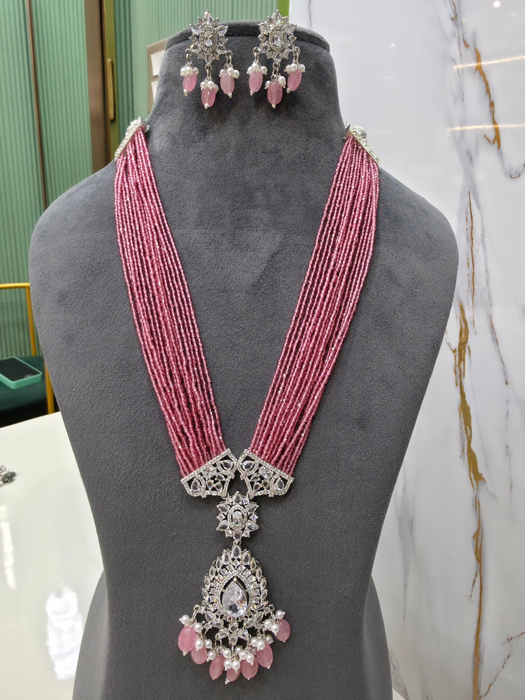 Sonika Hydro Silver Finish long Necklace - Rose Pink